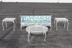 Rare 1950s Mid Century Woodard Wrought Iron & Mesh Glass Top Round Coffee Table