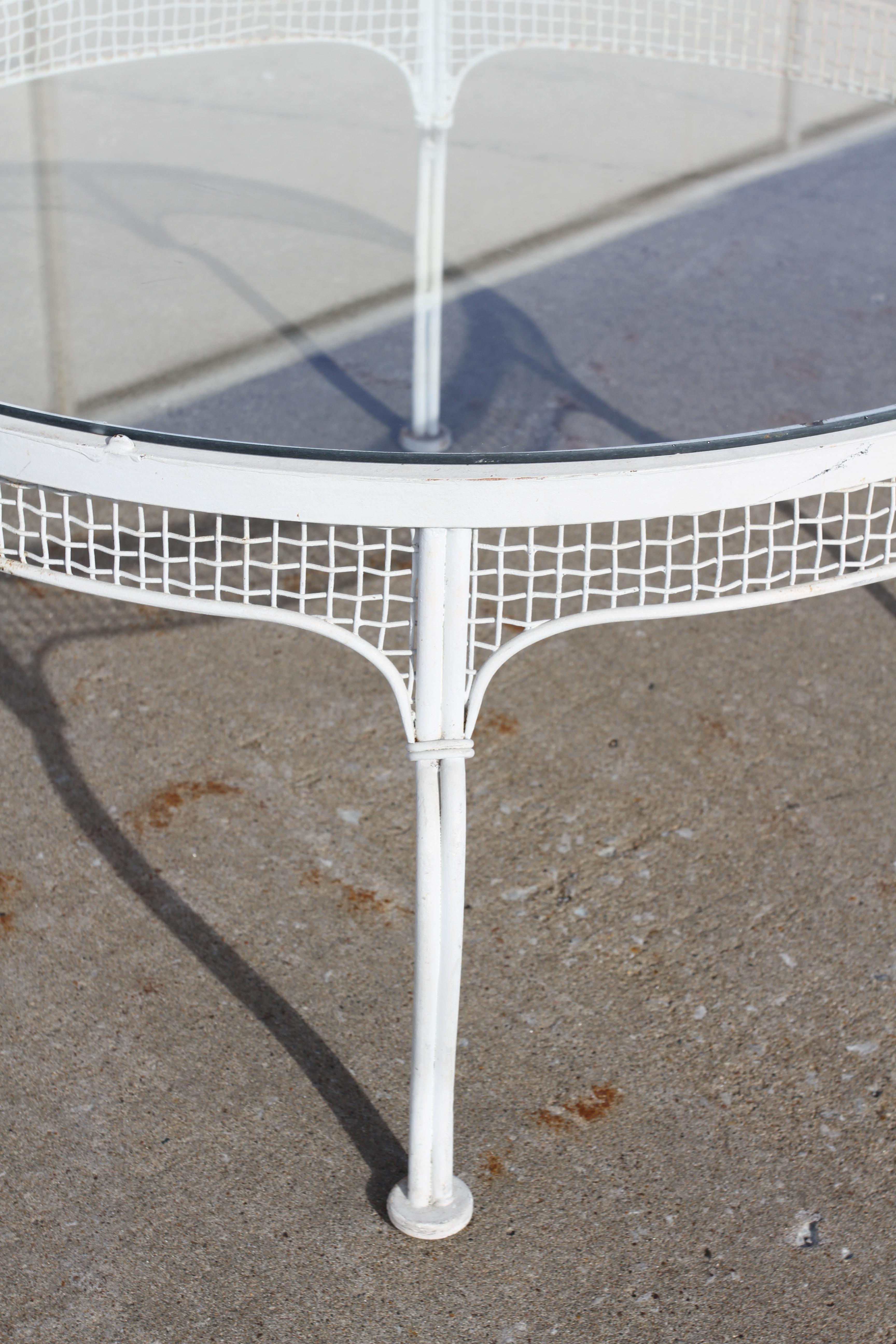 American Rare 1950s Mid Century Woodard Wrought Iron & Mesh Glass Top Round Coffee Table  For Sale