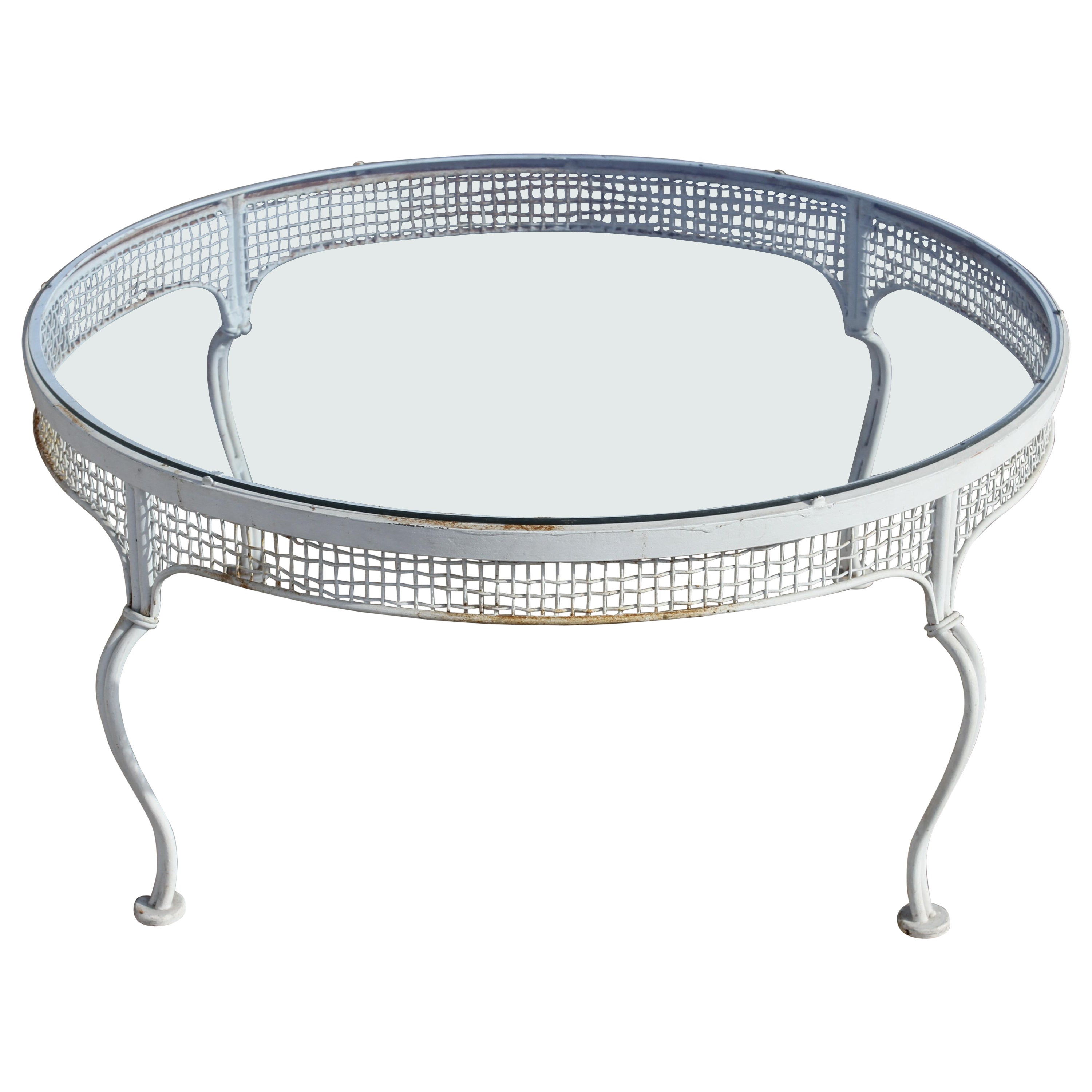Rare 1950s Mid Century Woodard Wrought Iron 
Mesh Glass Top Round Coffee Table