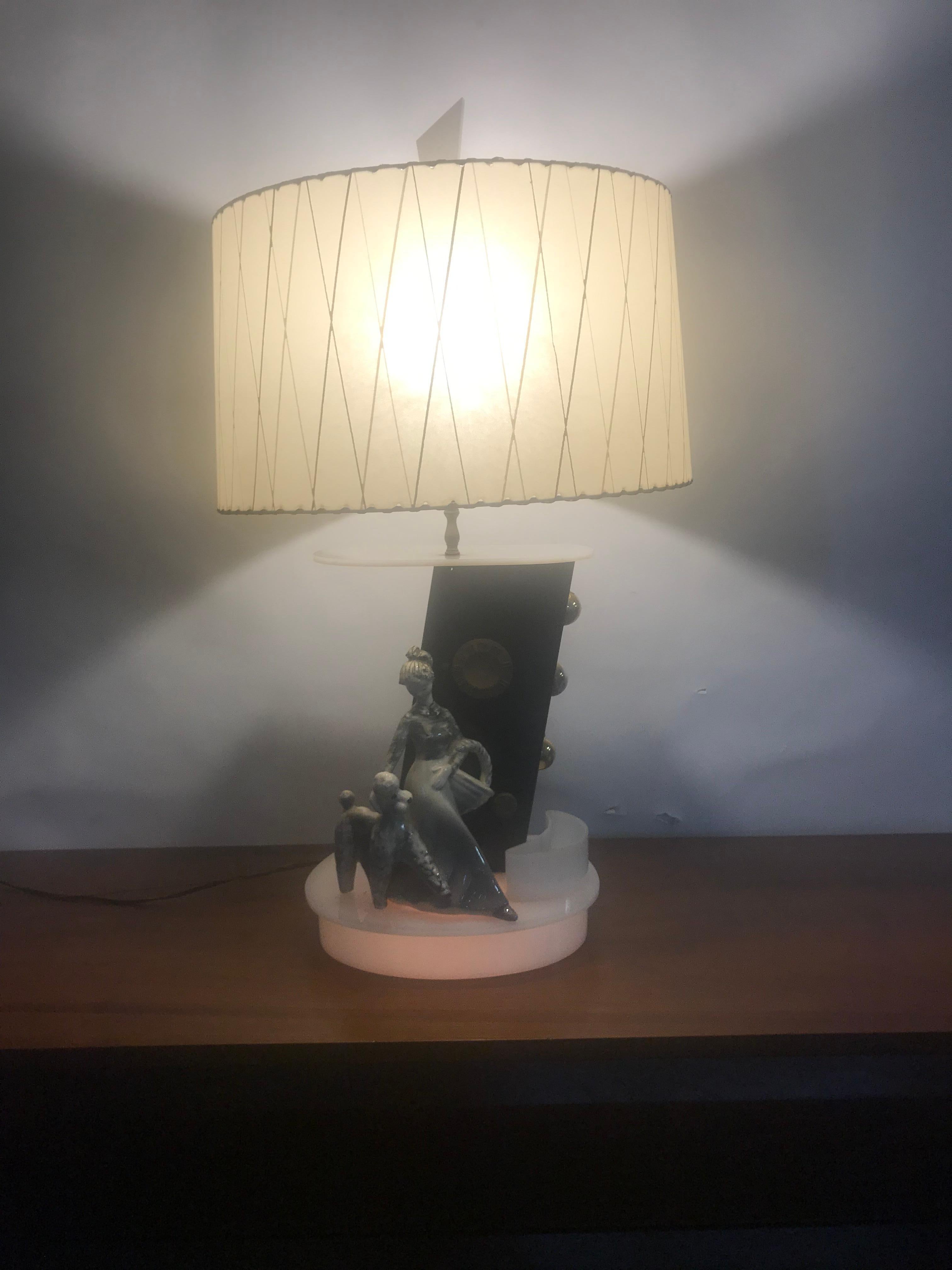Mid-Century Modern Rare 1950s Moss Radio Lamp, Woman with Poodle, Working Radio, B & W Acrylic