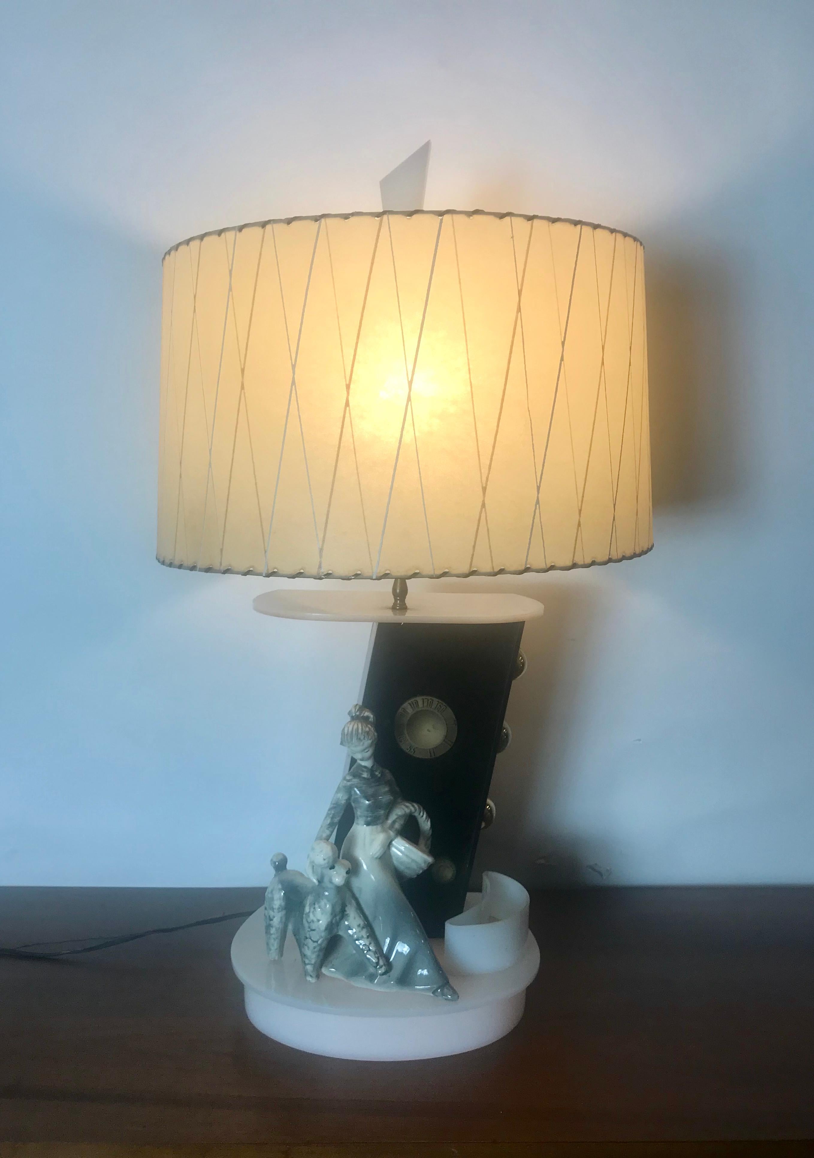 Mid-20th Century Rare 1950s Moss Radio Lamp, Woman with Poodle, Working Radio, B & W Acrylic