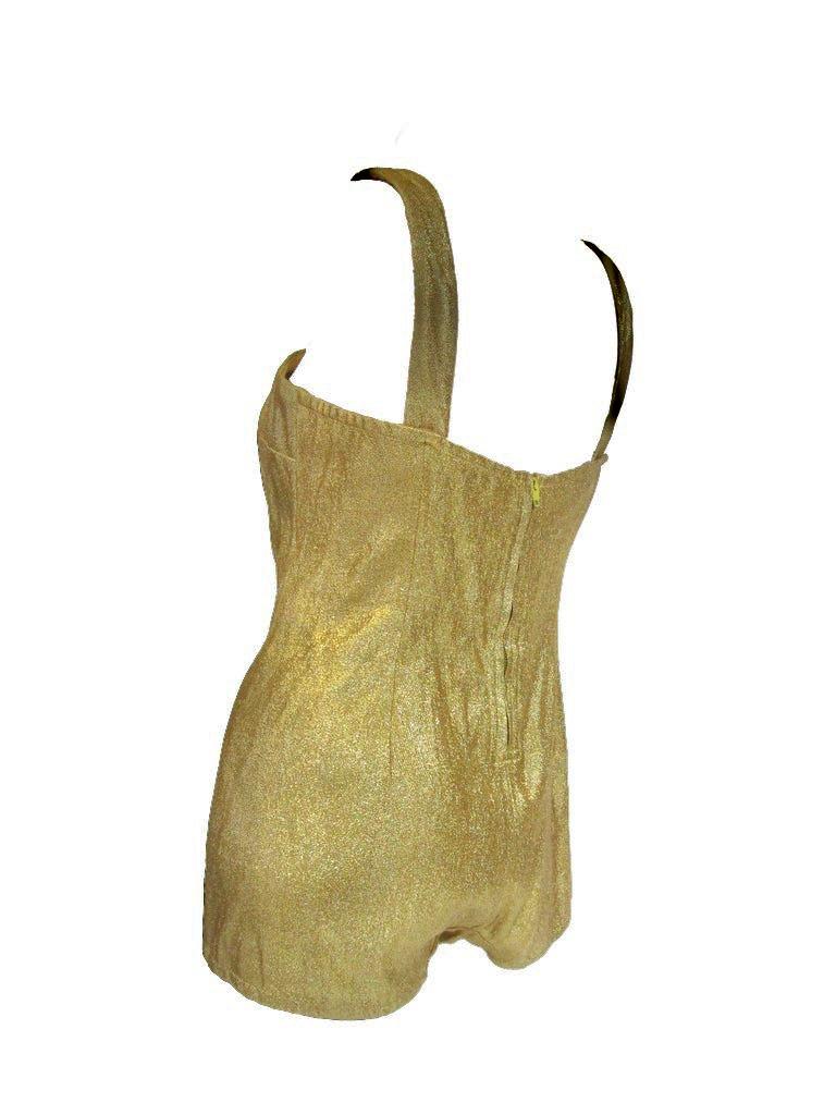 Rare 1950’s Nettie Rosenstein Gold Lame Knit Bombshell Bathing/Play Suit  In Good Condition For Sale In Houston, TX