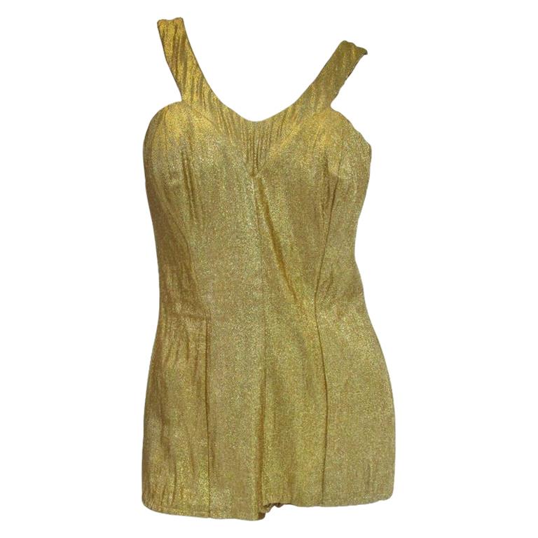 Rare 1950’s Nettie Rosenstein Gold Lame Knit Bombshell Bathing/Play Suit  For Sale