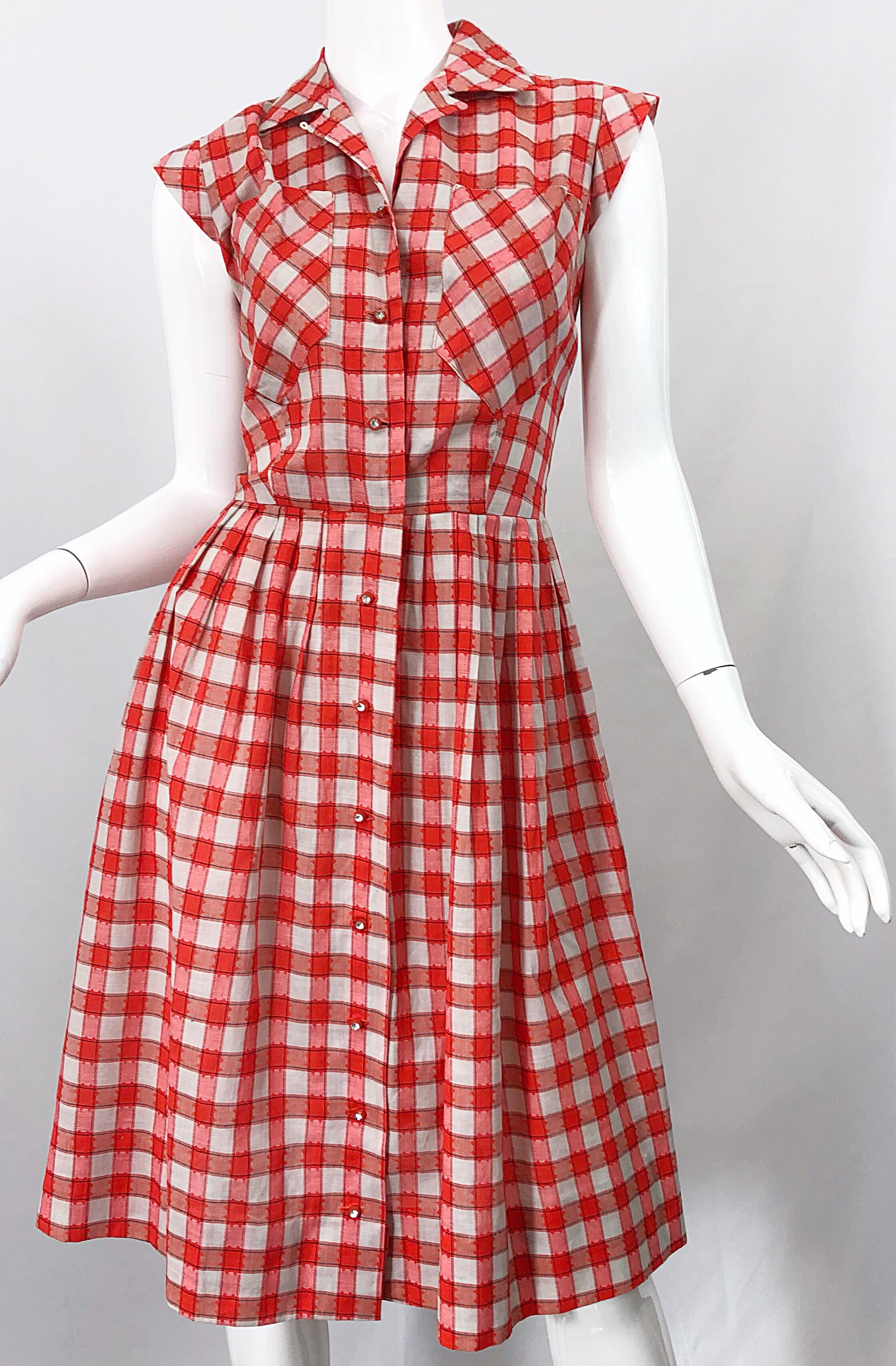 Rare 1950s Red + White Checkered Rhinestone Vintage 50s Cotton Dress 2