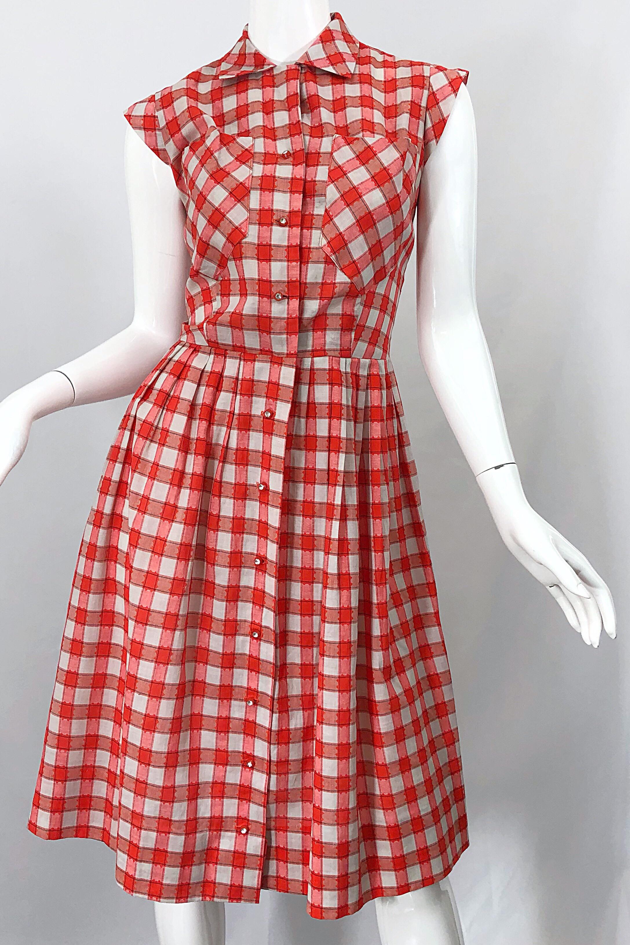 Rare 1950s Red + White Checkered Rhinestone Vintage 50s Cotton Dress 4