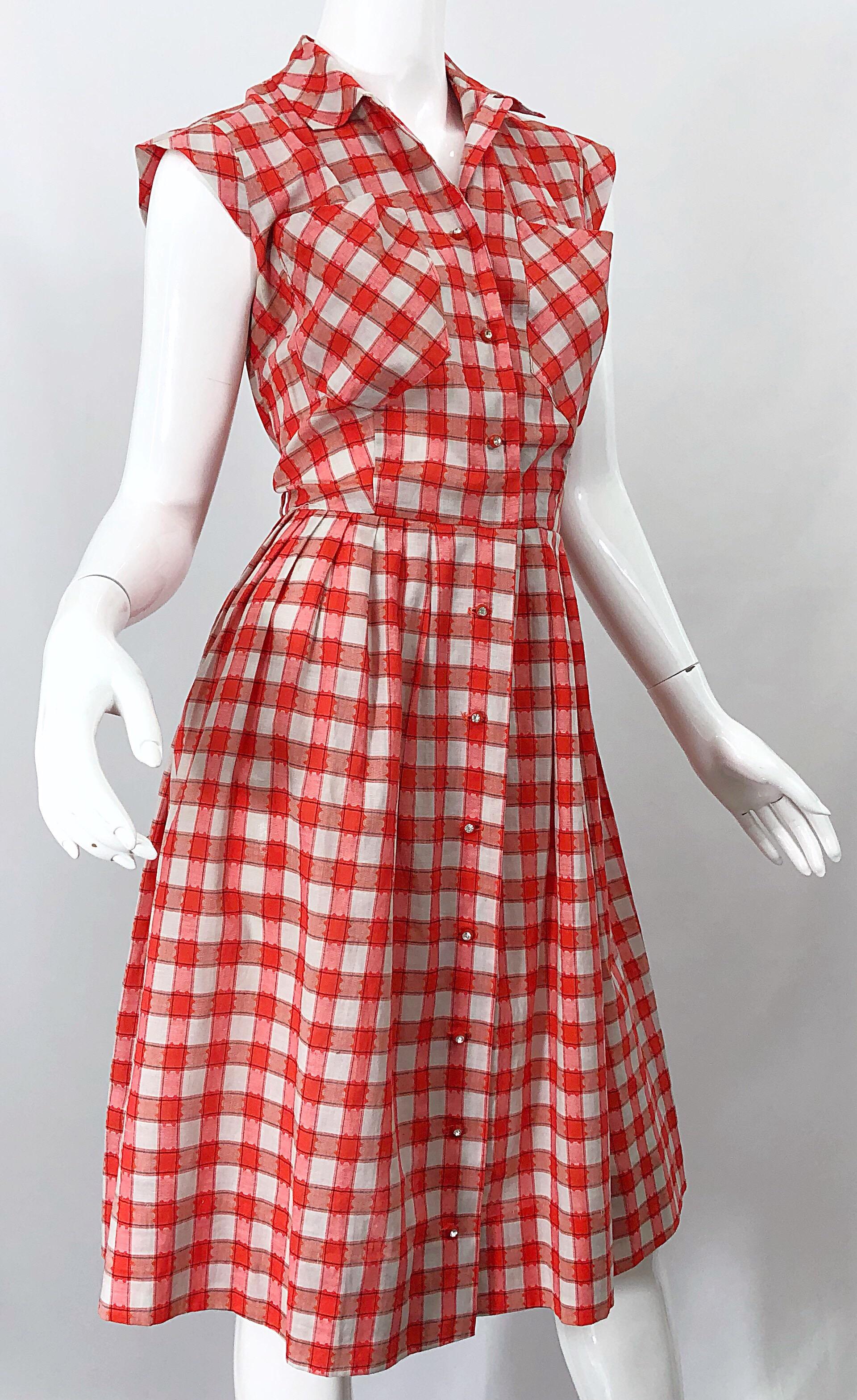Rare 1950s Red + White Checkered Rhinestone Vintage 50s Cotton Dress 6