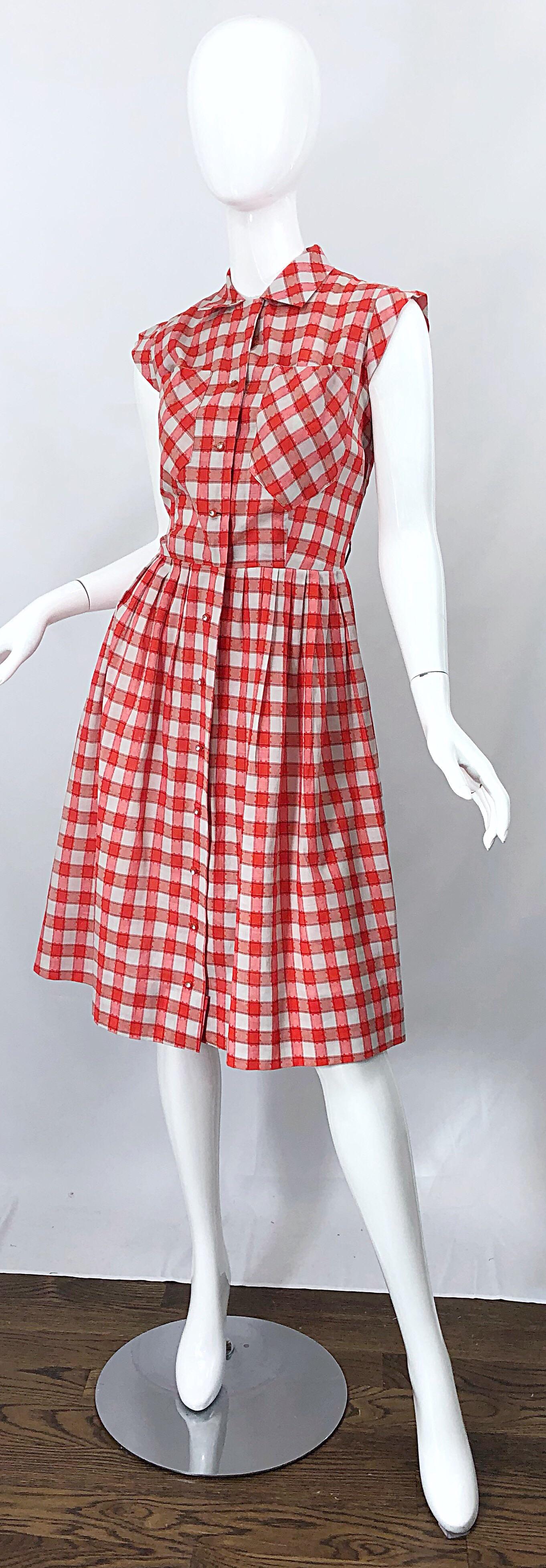 Orange Rare 1950s Red + White Checkered Rhinestone Vintage 50s Cotton Dress