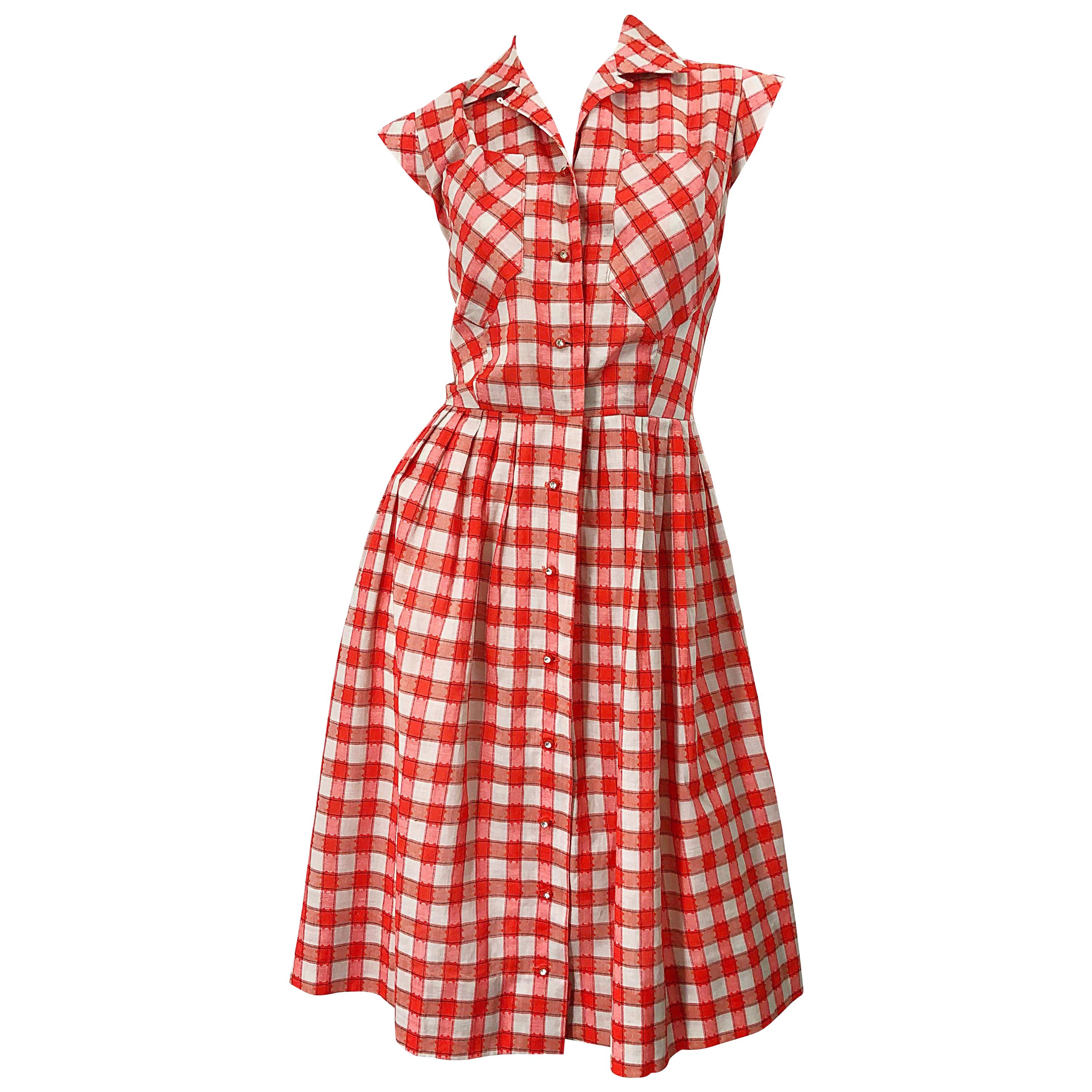 Rare 1950s Ann Taylor Red + White Checkered Rhinestone Vintage 50s Cotton Dress