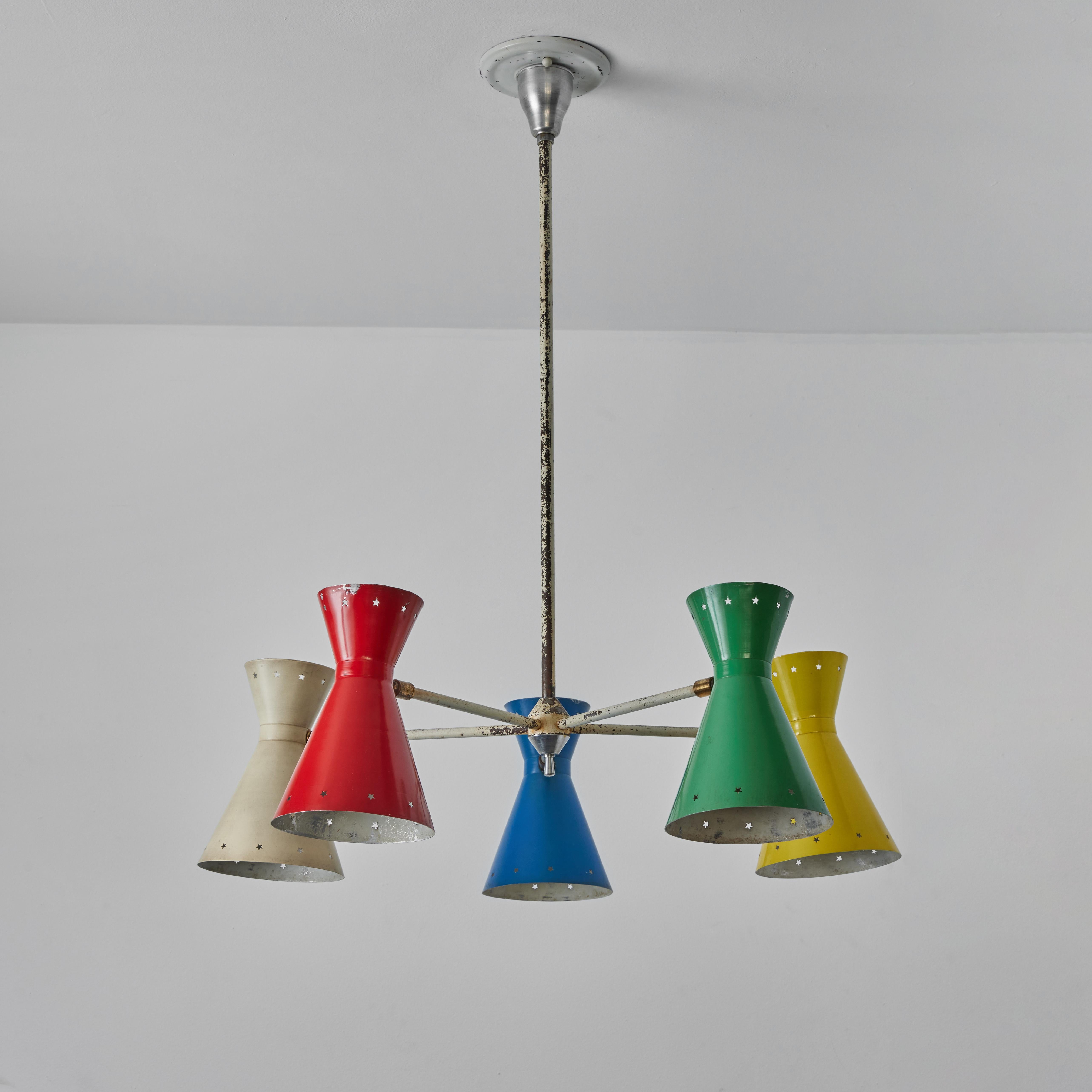Rare 1950s Robert Mathieu 5-shade multi color chandelier. Executed in multi color original painted metal with star perforations. A bright and sculptural chandelier highly indicative of the iconic mid-century Italian designs of