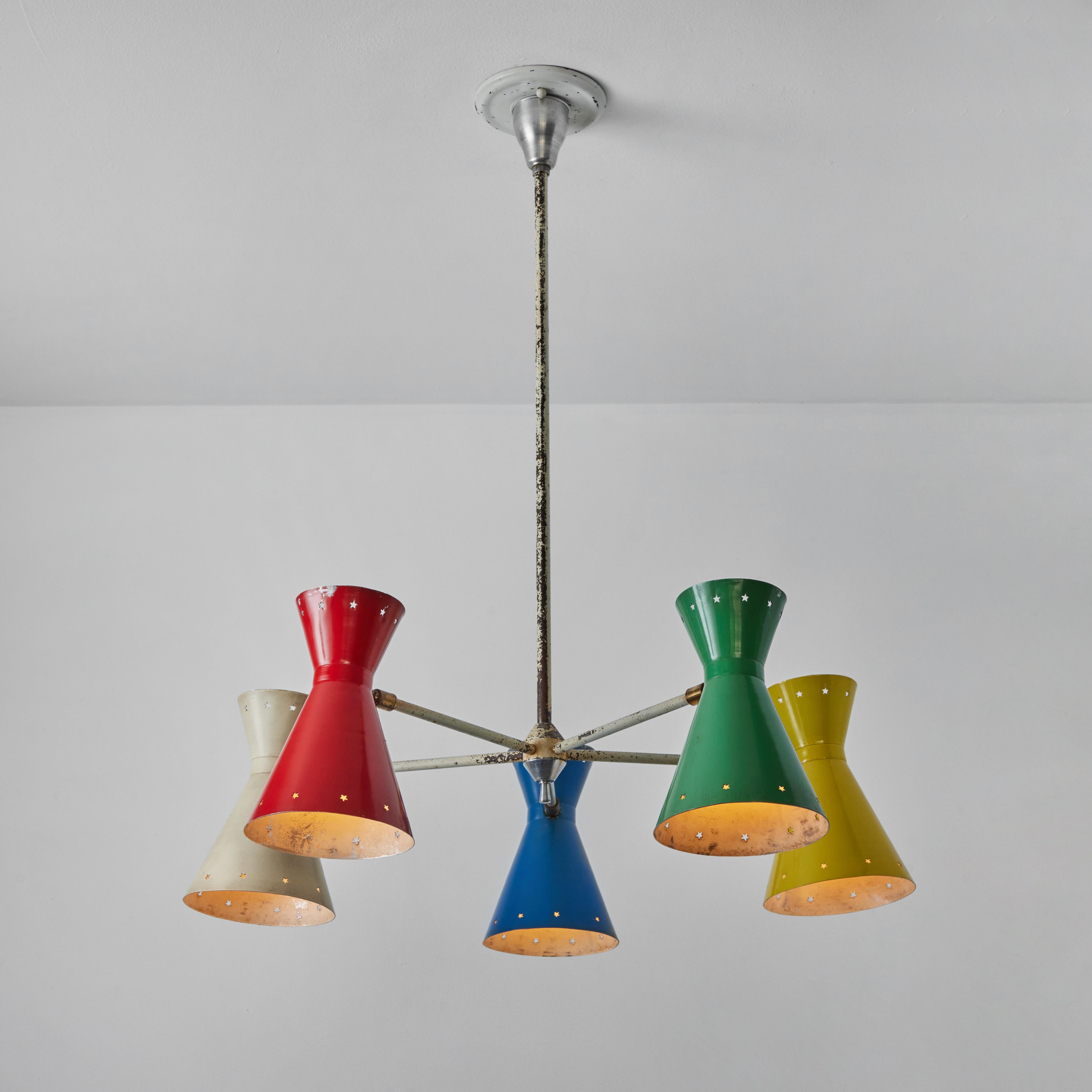 Rare 1950s Robert Mathieu 5-Shade Multi Color Chandelier In Good Condition For Sale In Glendale, CA