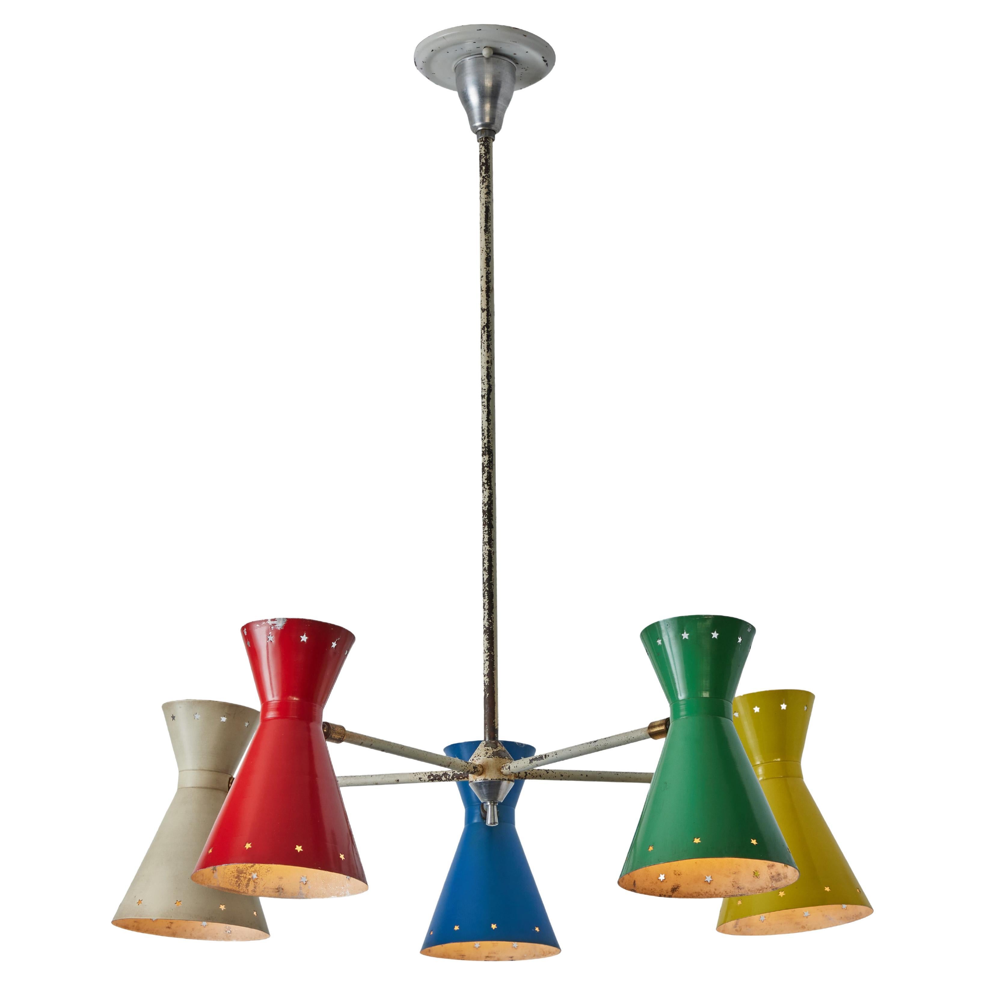 Rare 1950s Robert Mathieu 5-Shade Multi Color Chandelier For Sale
