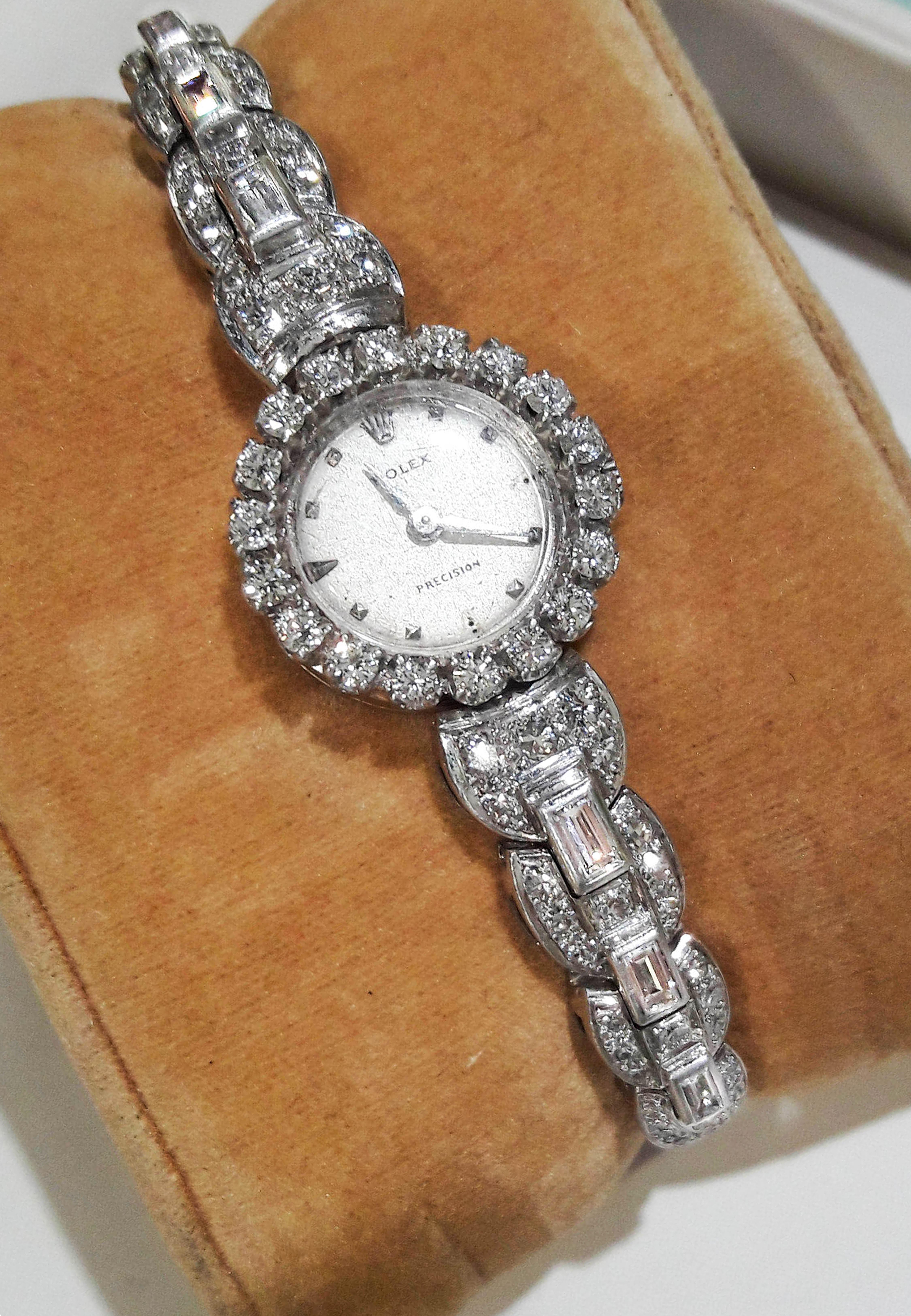 Dimensions
18mm X 18mm case size
*Fits up to 170mm wrist 
* Can be resized as complimentary service if  needed
*Fully signed Dial , Case, Movement & Clasp
 
The present watch is a sophisticated rare, fully signed 1950s 18kt White Gold Rolex baguette