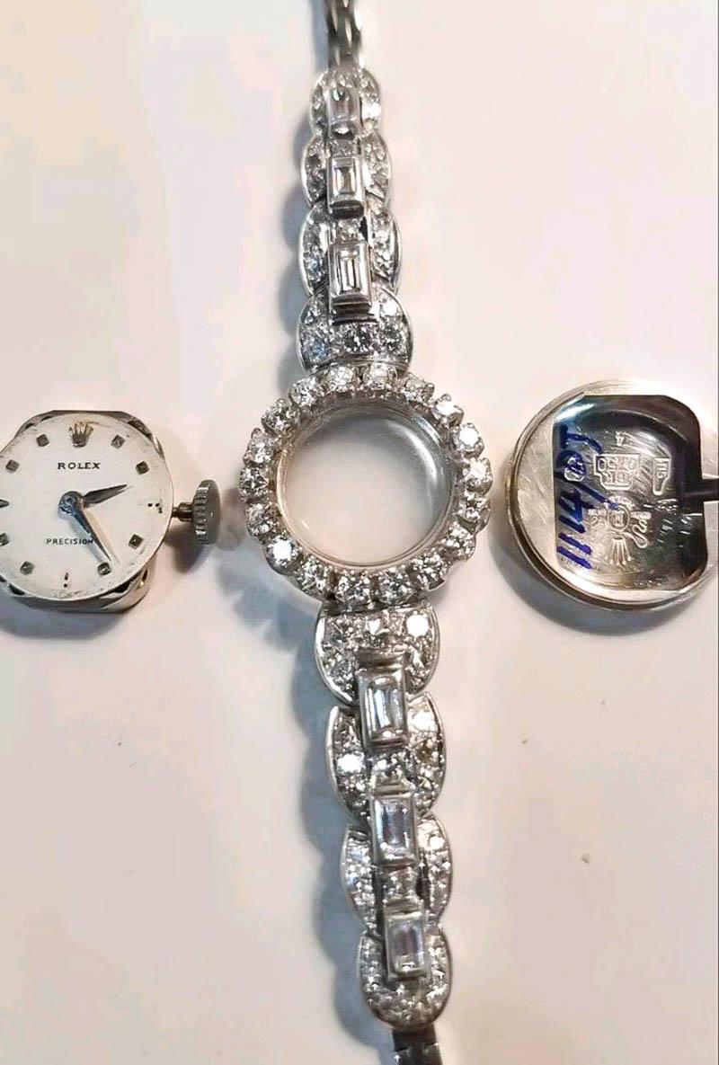 Rolex 18 Karat Brilliant Round and Baguette Diamond Set Bracelet Watch In Good Condition In New york, NY