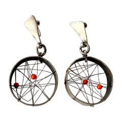 Rare 1950s Sterling Silver Coral Kinetic Modernist Earrings