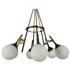 Rare 1950s Stilnovo Chandelier with Opaline Glass Globes. Italy