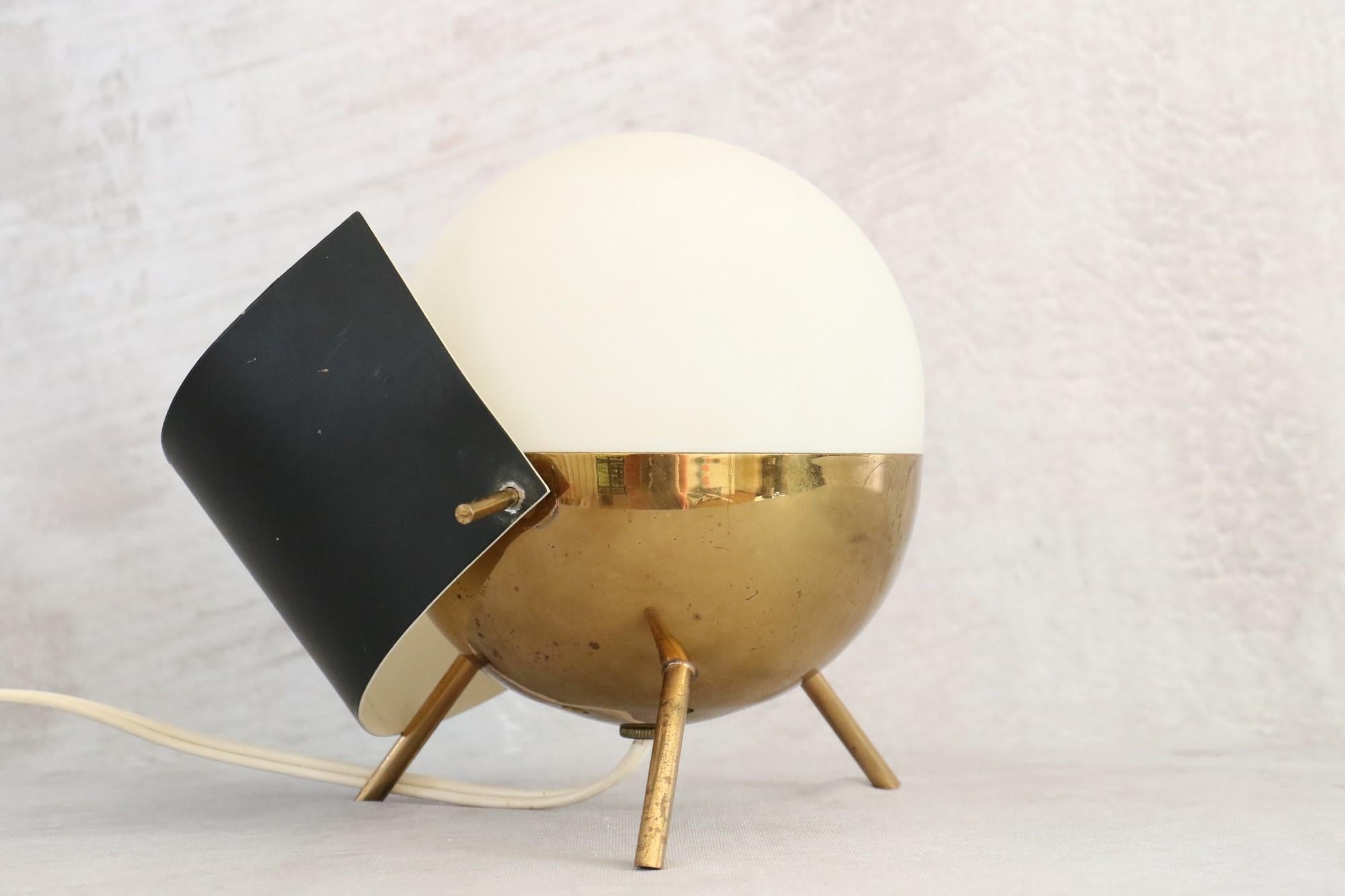 Mid-Century Modern Rare 1950s Stilux Milano Brass and Opaline Glass Tripod Table Lamp