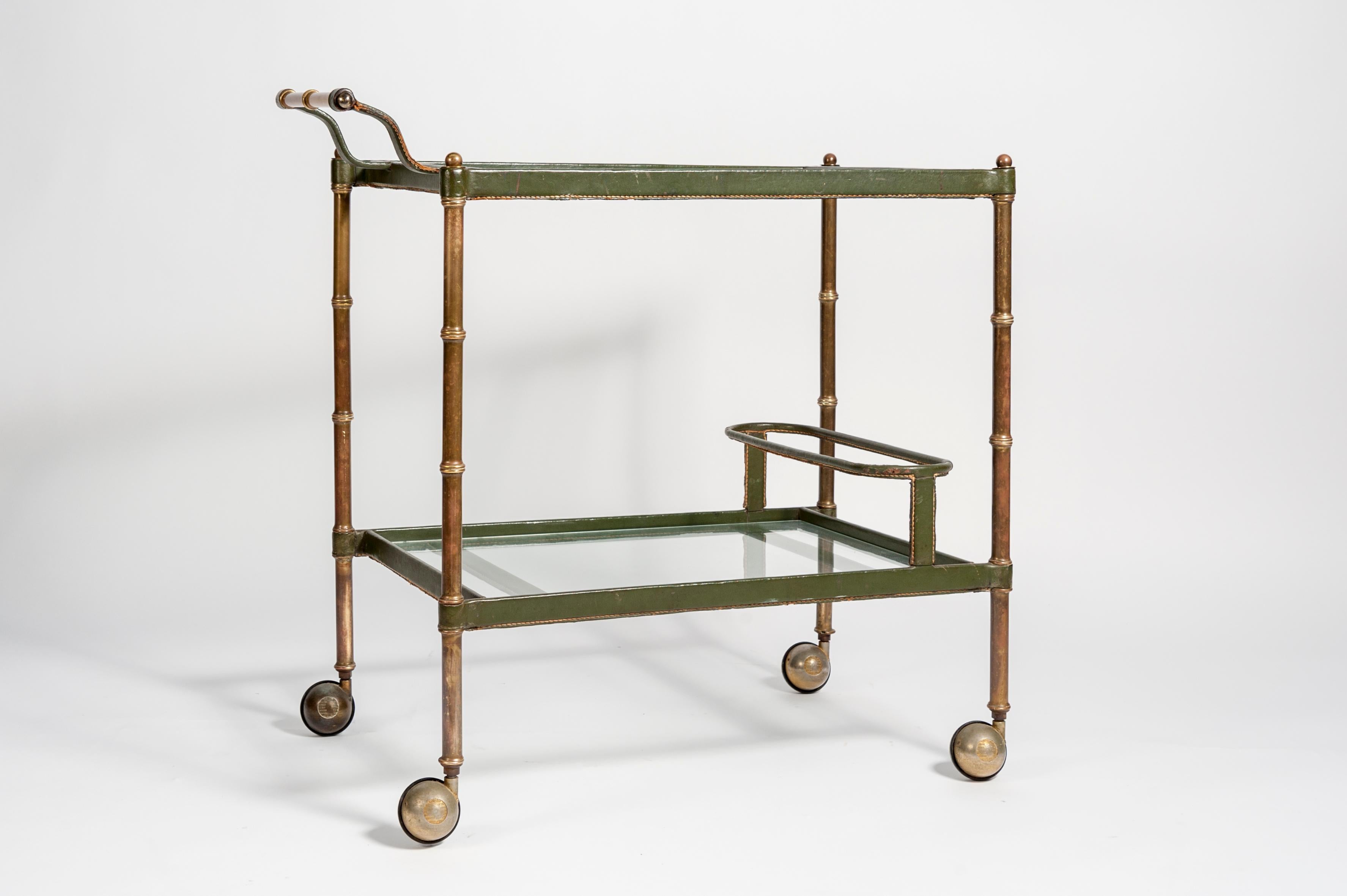 French Rare 1950s Stitched Leather Bar Cart by Jacques Adnet