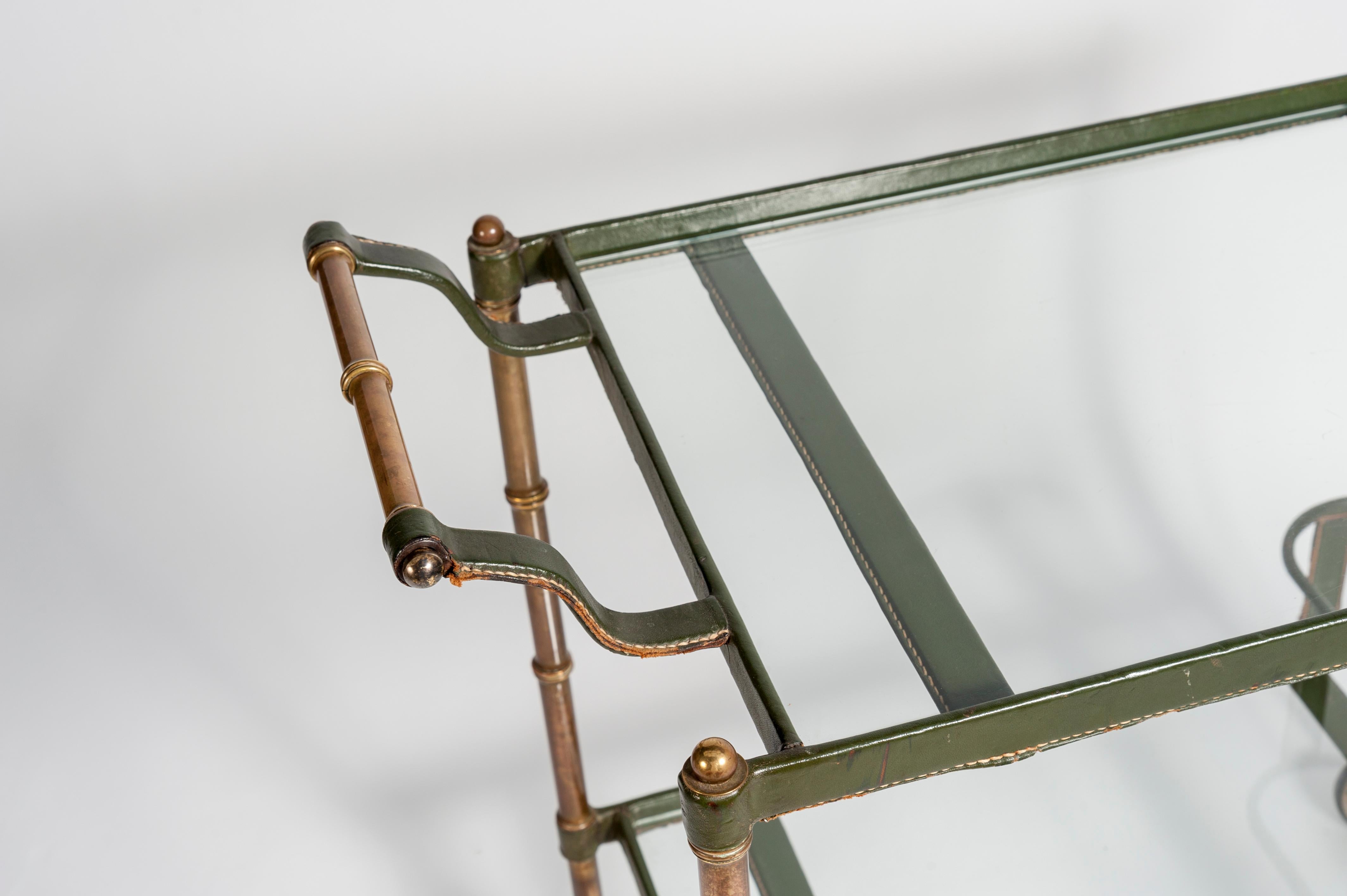Rare 1950s Stitched Leather Bar Cart by Jacques Adnet In Excellent Condition In Bois-Colombes, FR