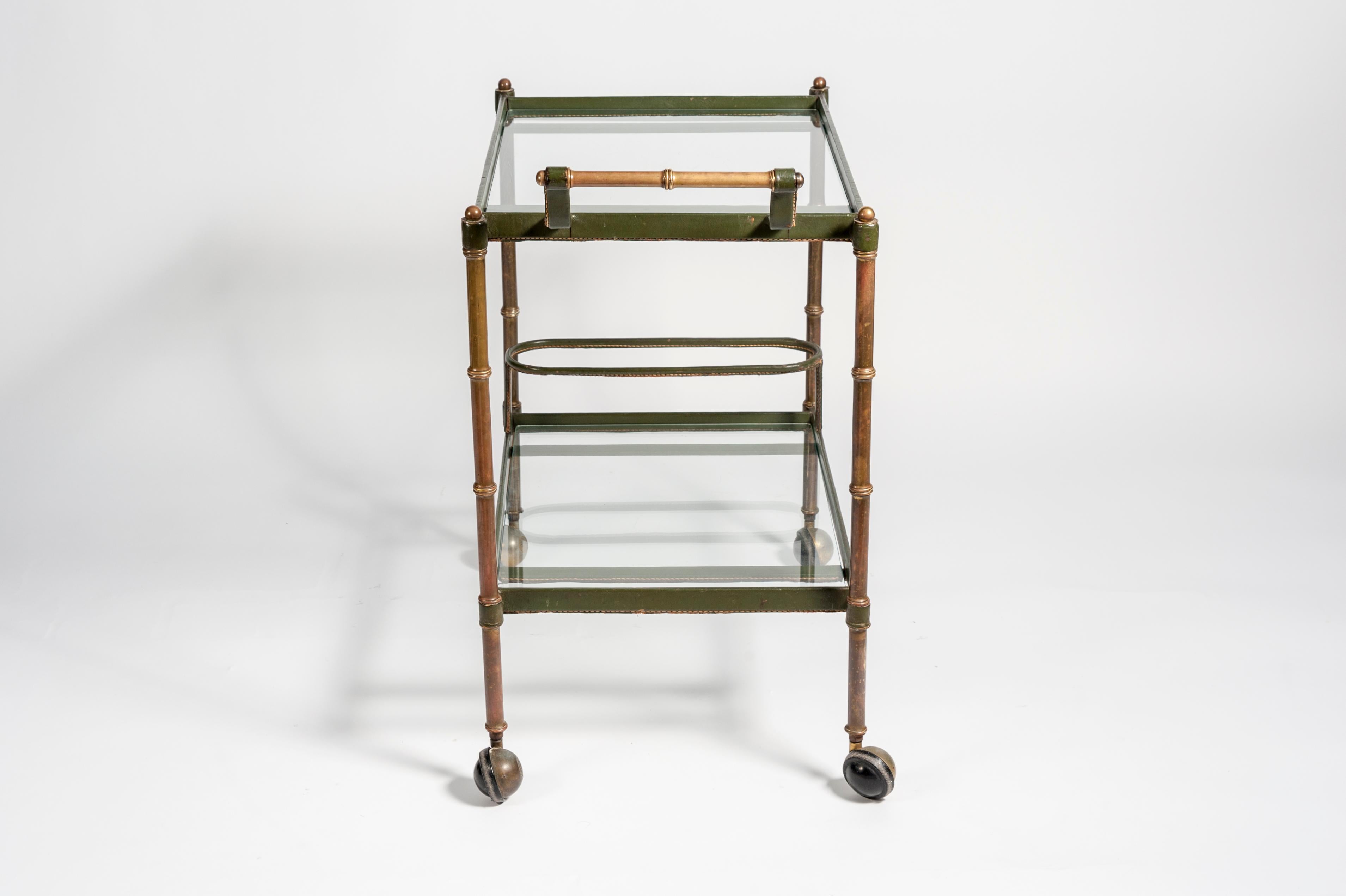 Rare 1950s Stitched Leather Bar Cart by Jacques Adnet 1