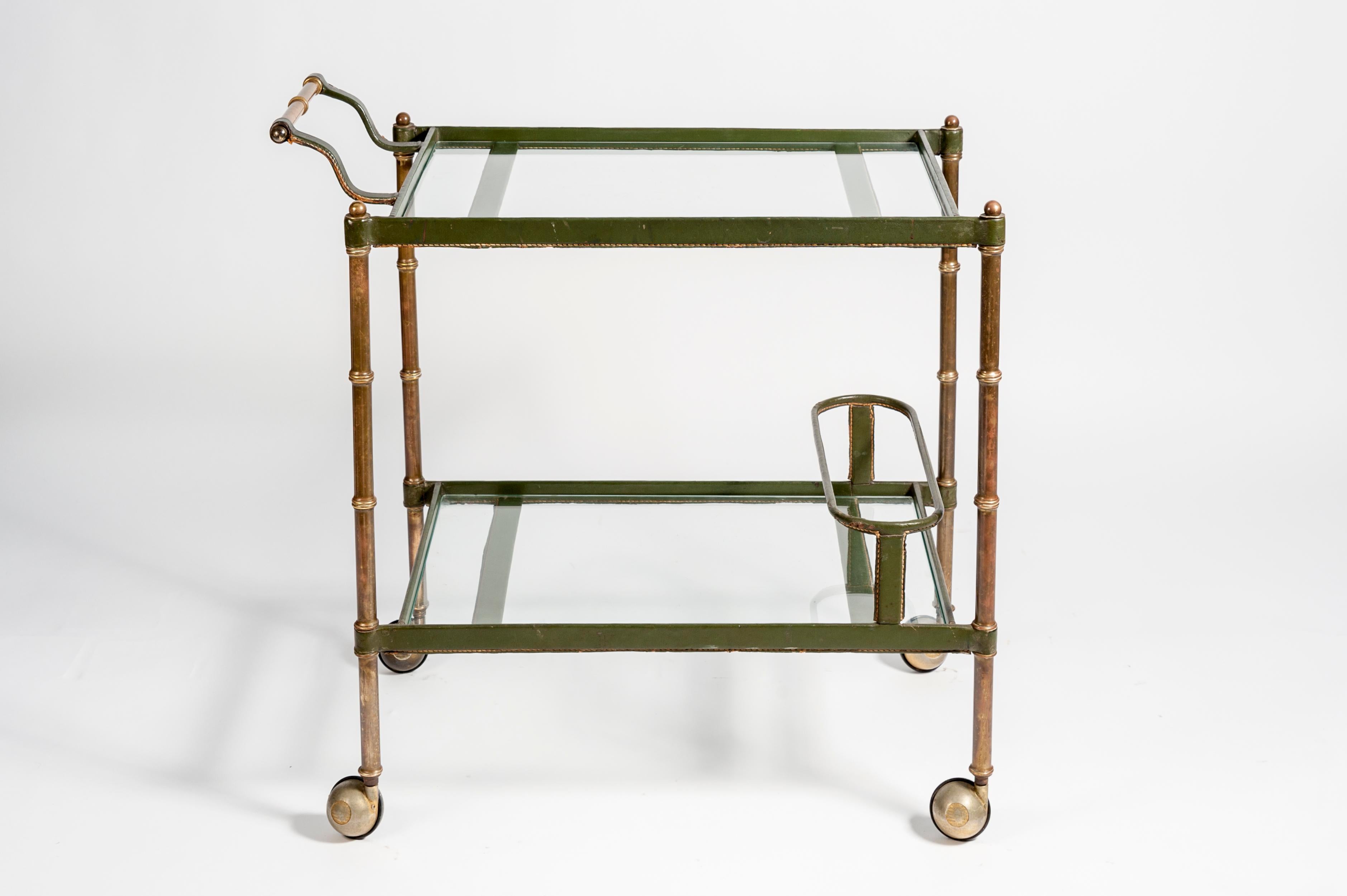 Rare 1950s Stitched Leather Bar Cart by Jacques Adnet 1