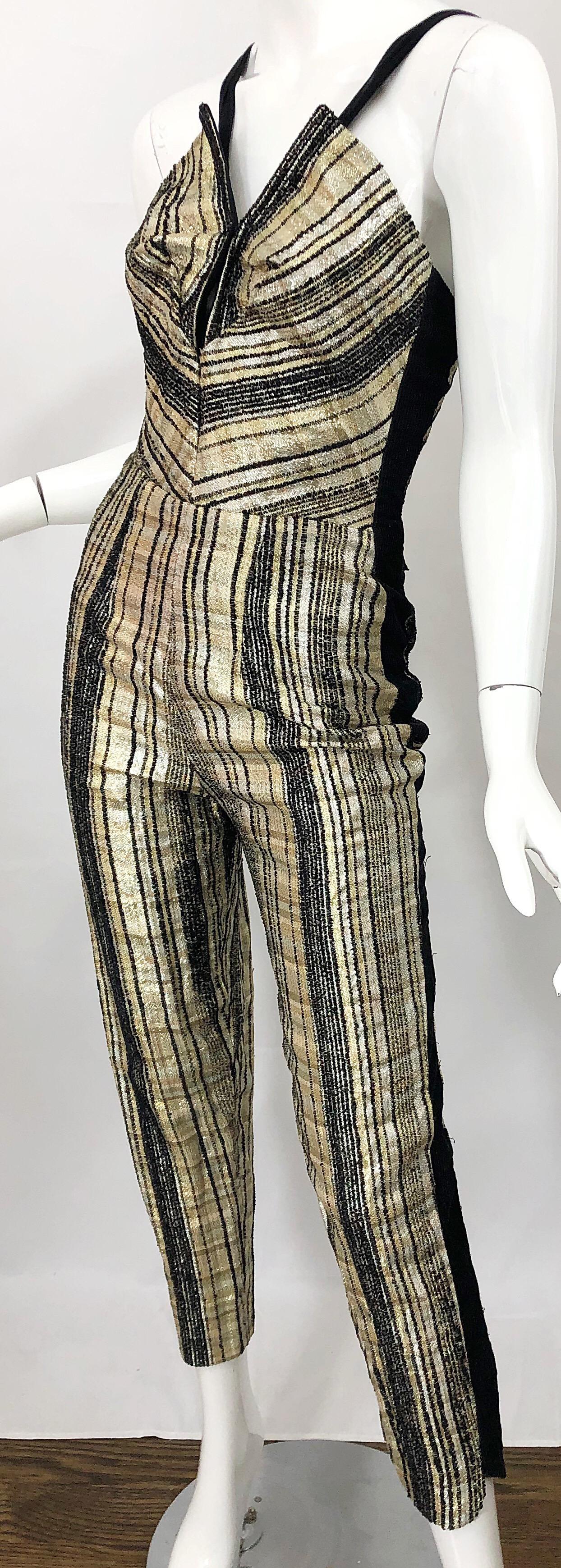 Rare 1950s Topazzi of California Gold Black Vintage 50s Cropped Halter Jumpsuit For Sale 3