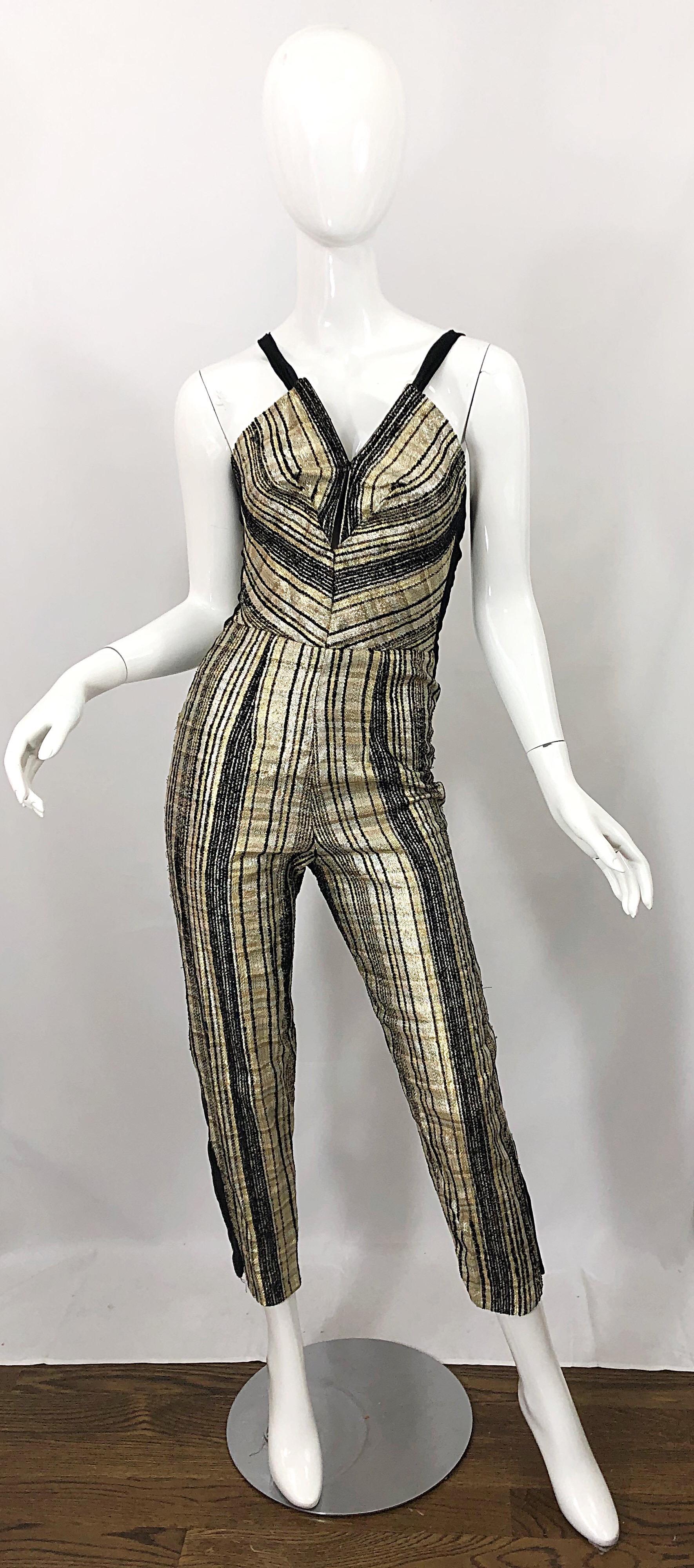 Rare 1950s Topazzi of California Gold Black Vintage 50s Cropped Halter Jumpsuit For Sale 7