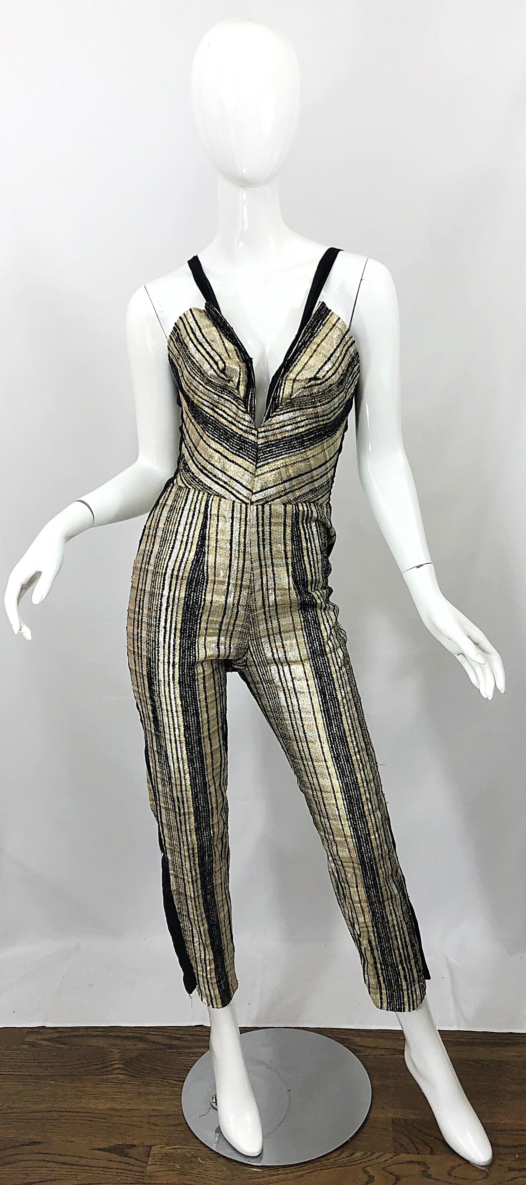 Rare 1950s Topazzi of California Gold Black Vintage 50s Cropped Halter Jumpsuit For Sale 2
