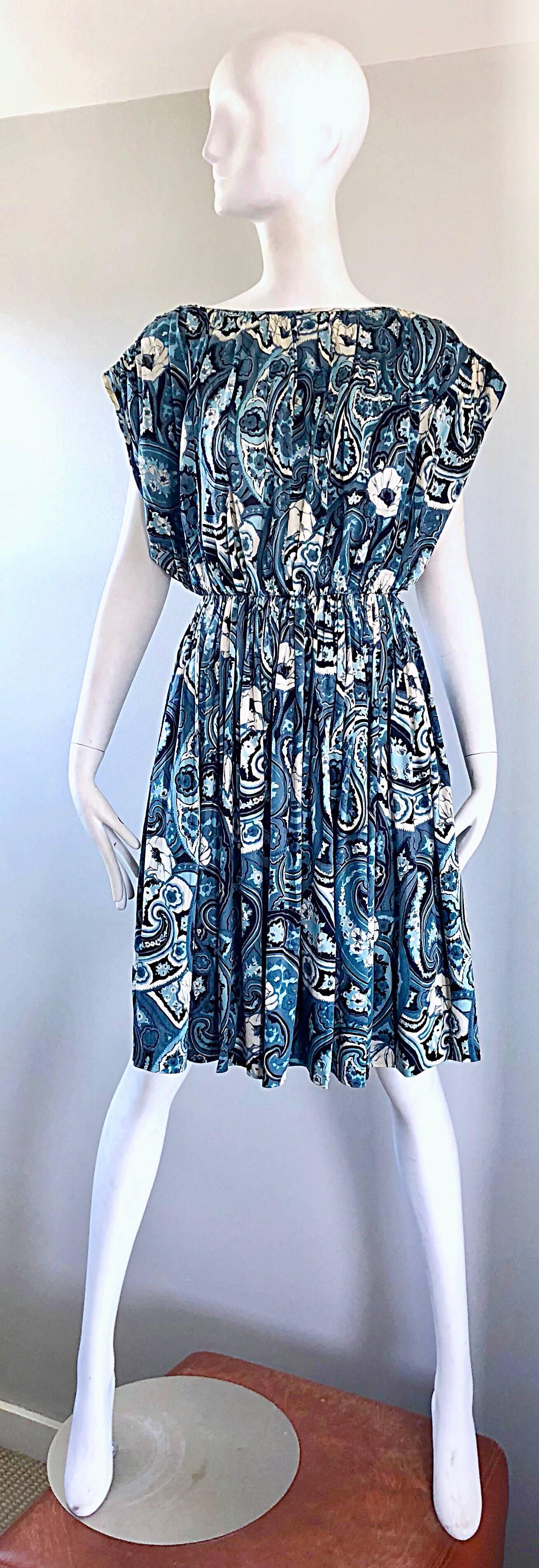 Beautiful and rare late 70s TOWNLEY for NEIMAN MARCUS blue and white paisley flower print Avant Garde silk dress! While Townley was recognized as the manufacturer of Claire McCardell, the solo Townley label was only around for a period of time.