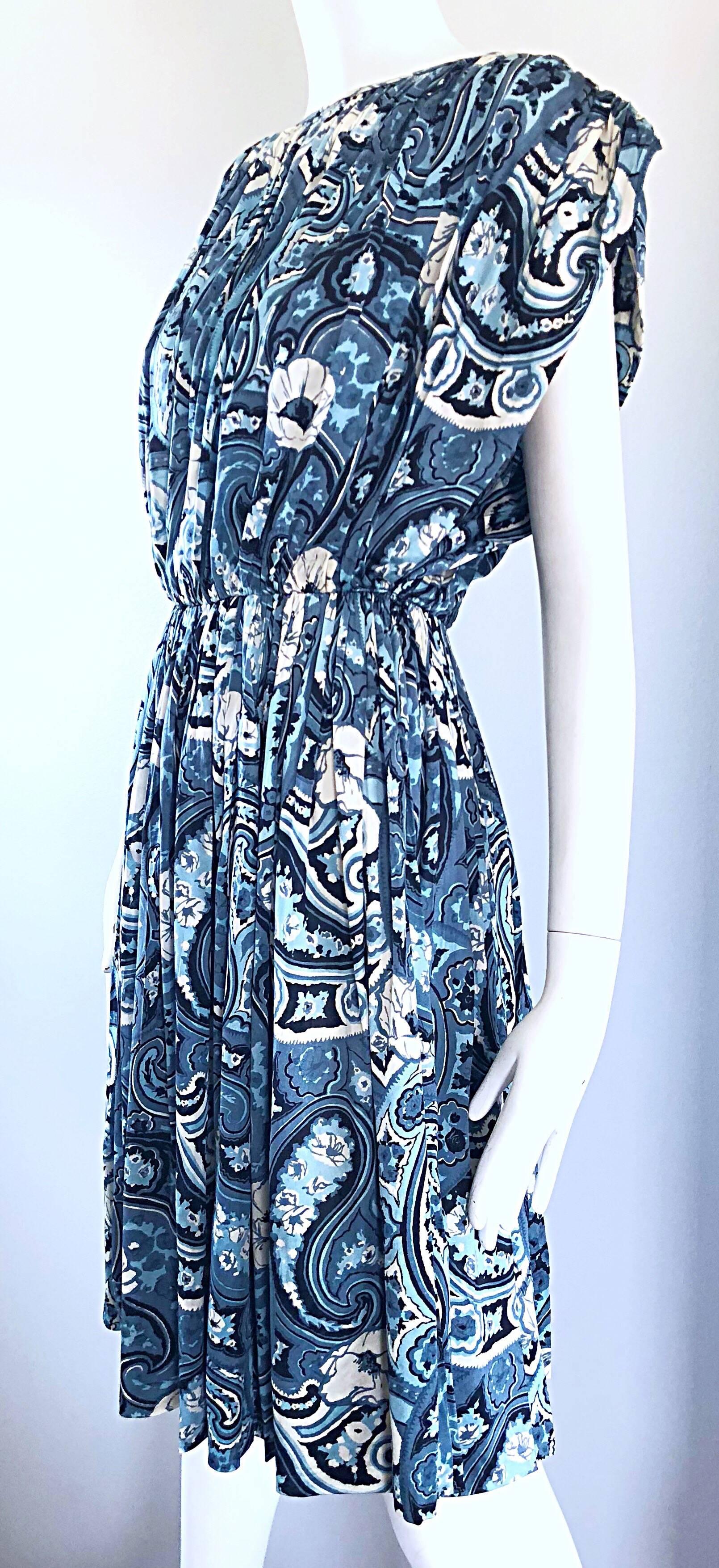 blue white paisley dress