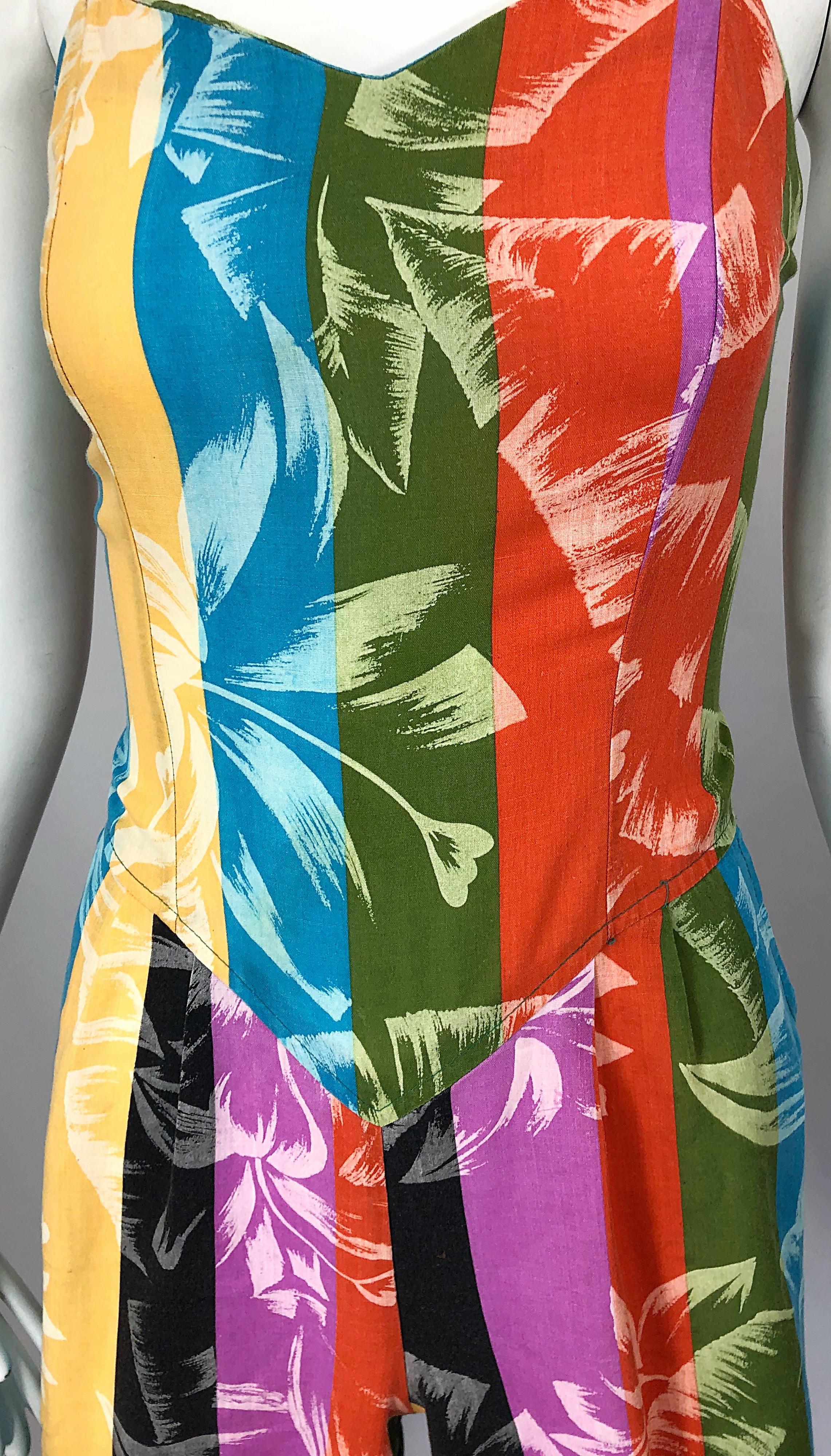 Rare 1950s Tropical Print Lightweight Cotton Colorful Vintage 50s Jumpsuit In Excellent Condition In San Diego, CA