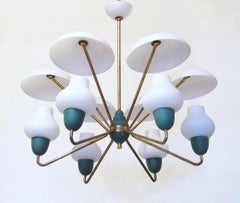 Rare 1950s UFO Sputnik Chandelier in Brass, Opaline Glass and Green by Stilnovo