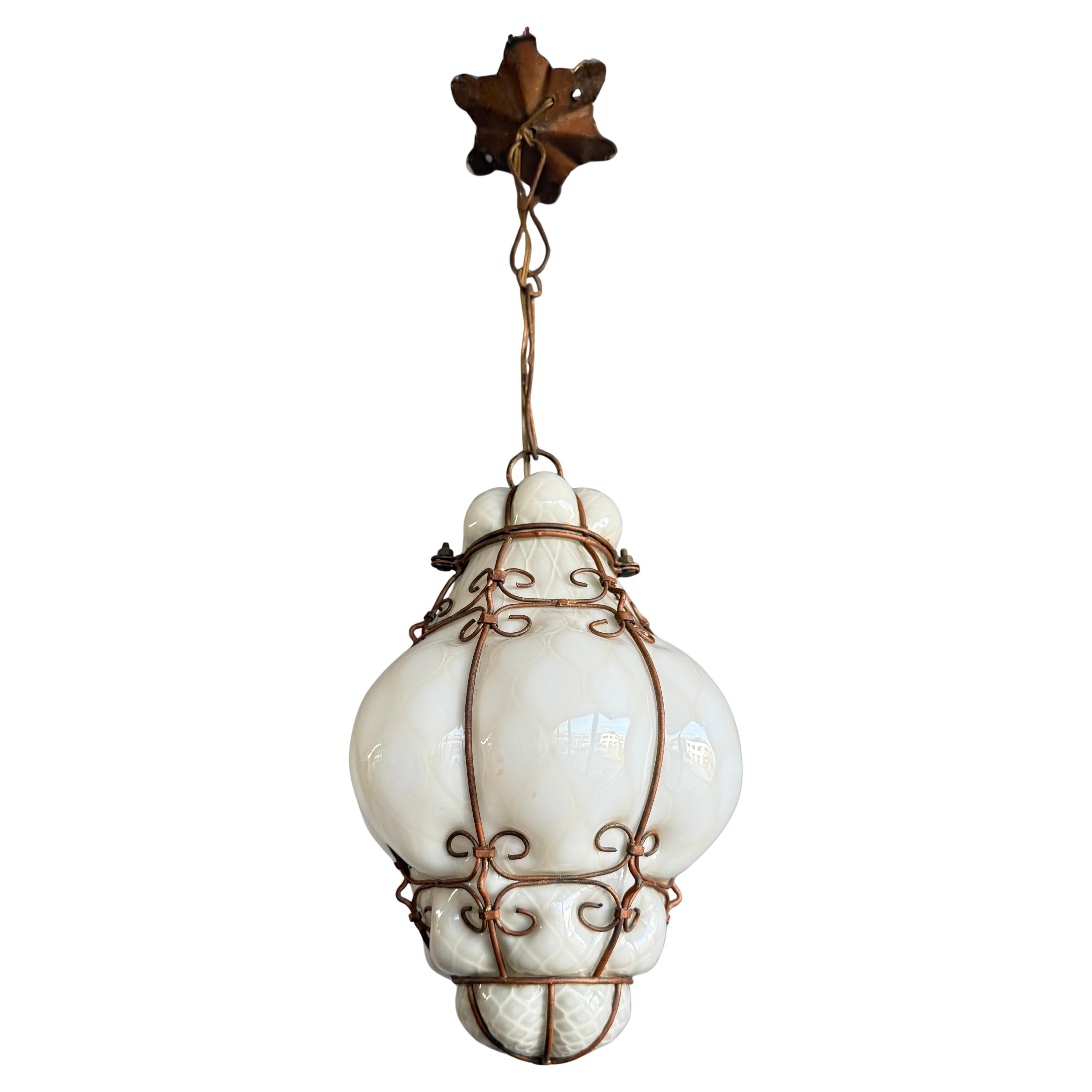 Rare 1950s Venetian Murano Opaline Glass Pendant with Wrought Iron Frame, Italy