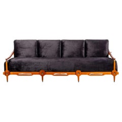 Rare 1950s Walnut and Brass Sofa by Frank Kyle, Newly Upholstered