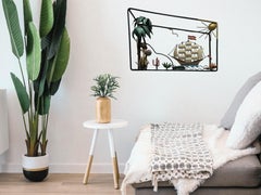 Seltene Draht-Schattenkasten-Figur eines Schiffes, Wandskulptur, Mid-Century, 1950er Jahre