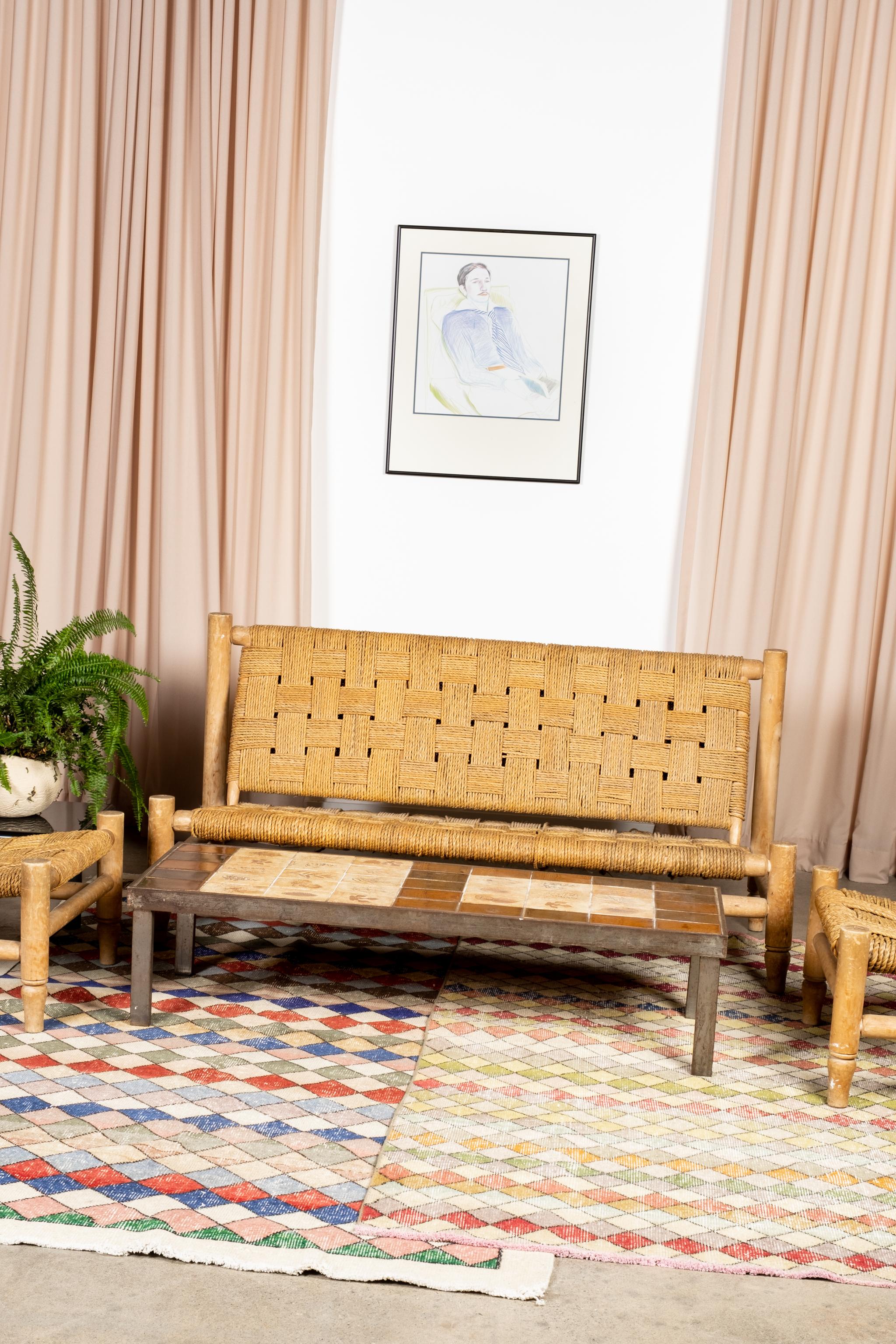 Rare 1950s Wood and Woven Rope 2-Seater Loveseat by Adrien Audoux & Frida Minet 4