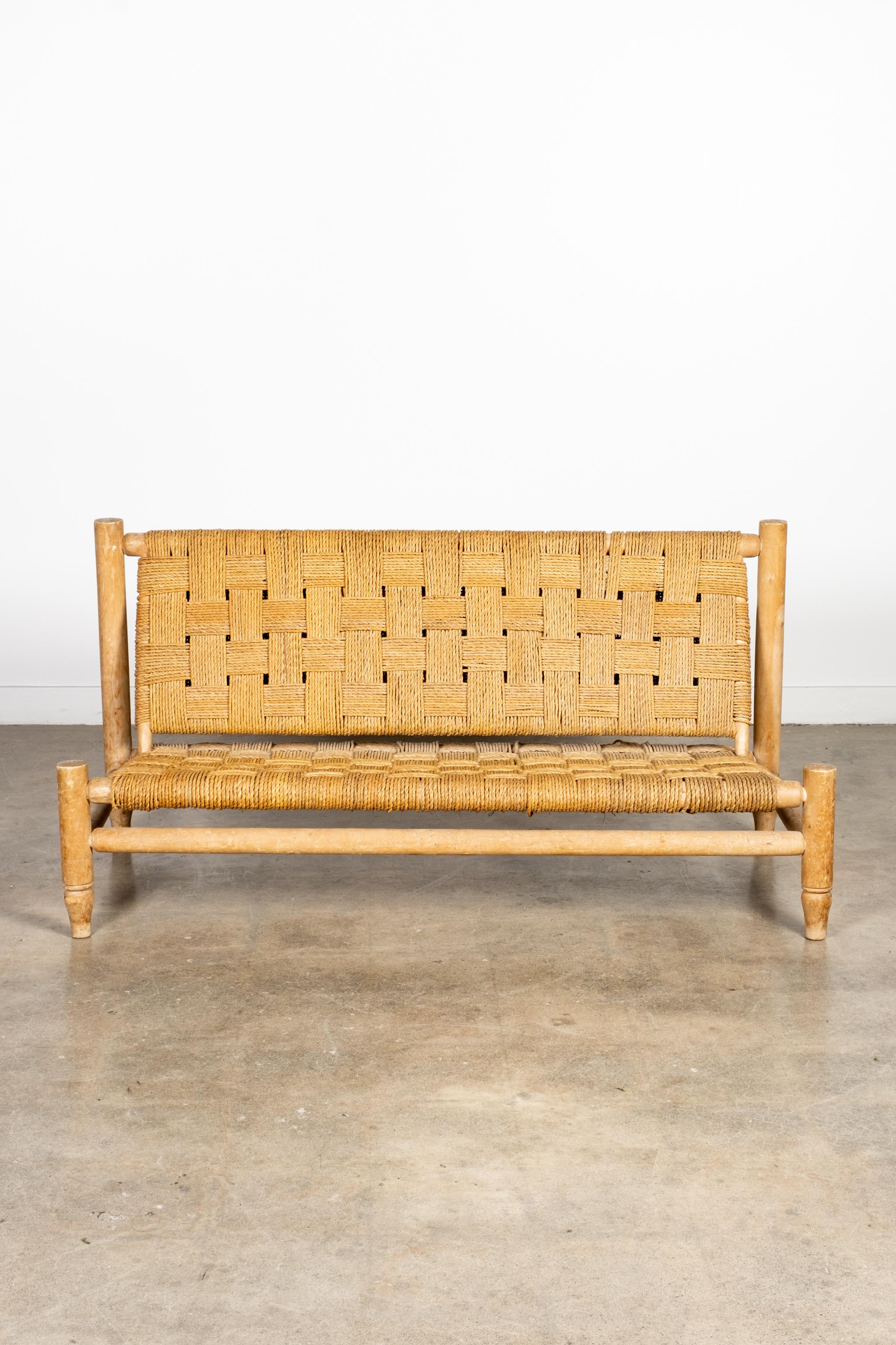 Mid-Century Modern Rare 1950s Wood and Woven Rope 2-Seater Loveseat by Adrien Audoux & Frida Minet