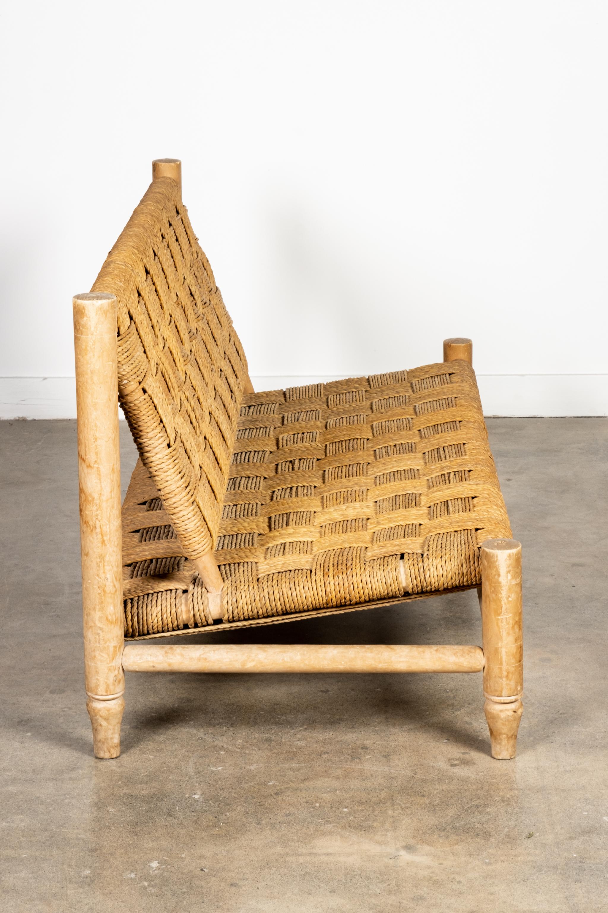 French Rare 1950s Wood and Woven Rope 2-Seater Loveseat by Adrien Audoux & Frida Minet