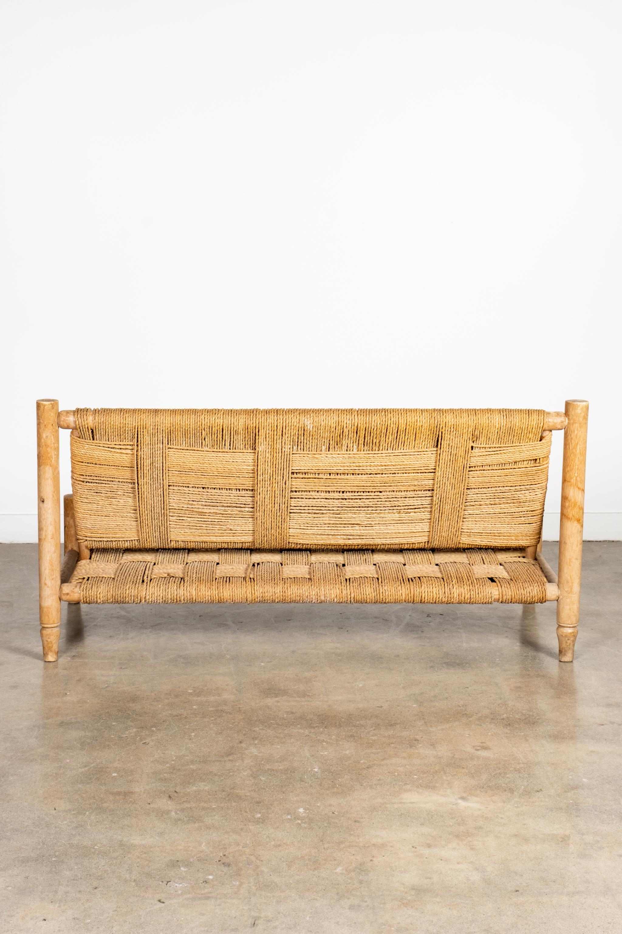 Rare 1950s Wood and Woven Rope 2-Seater Loveseat by Adrien Audoux & Frida Minet In Good Condition In Toronto, CA