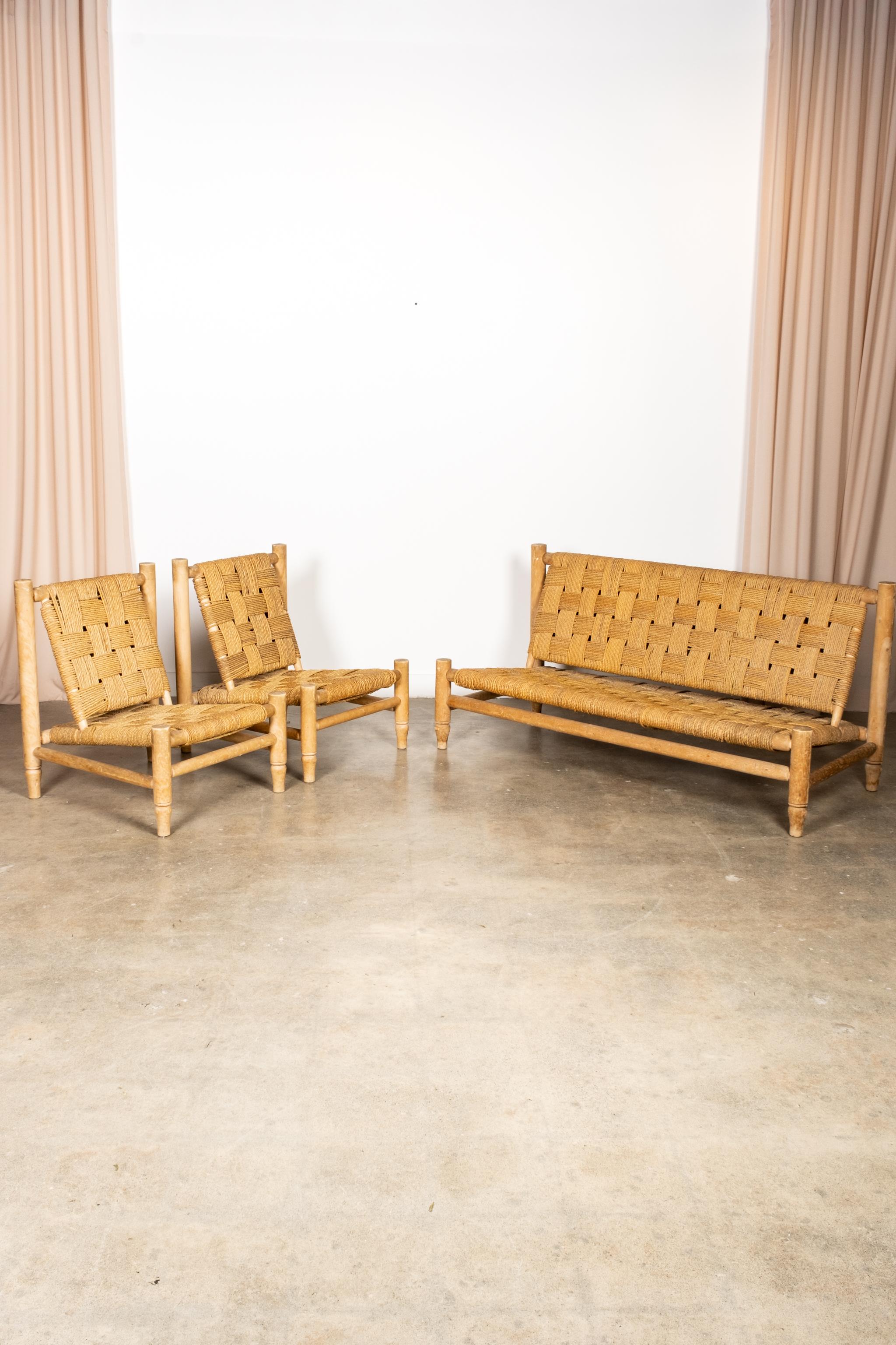 Rare 1950s Wood and Woven Rope 2-Seater Loveseat by Adrien Audoux & Frida Minet 3
