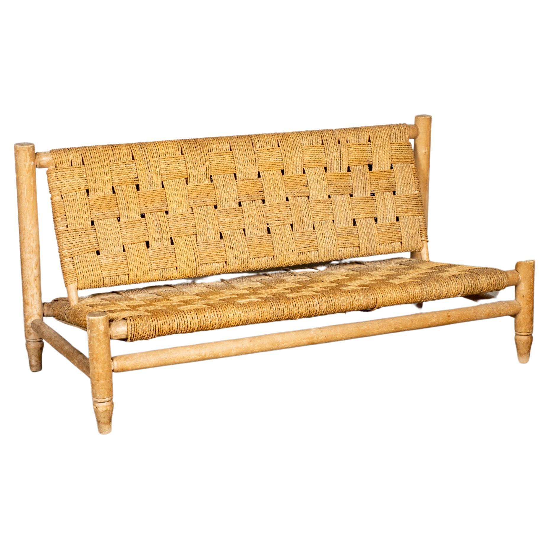 Rare 1950s Wood and Woven Rope 2-Seater Loveseat by Adrien Audoux & Frida Minet