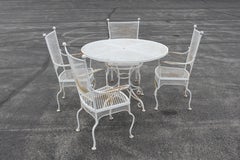 Rare 1950s Woodard Wrought Iron & Mesh Dining Patio Table 4 Chairs Ball Finials