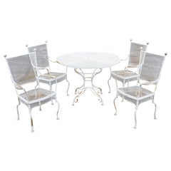 Rare 1950s Woodard Wrought Iron & Mesh Dining Patio Table 4 Chairs Ball Finials