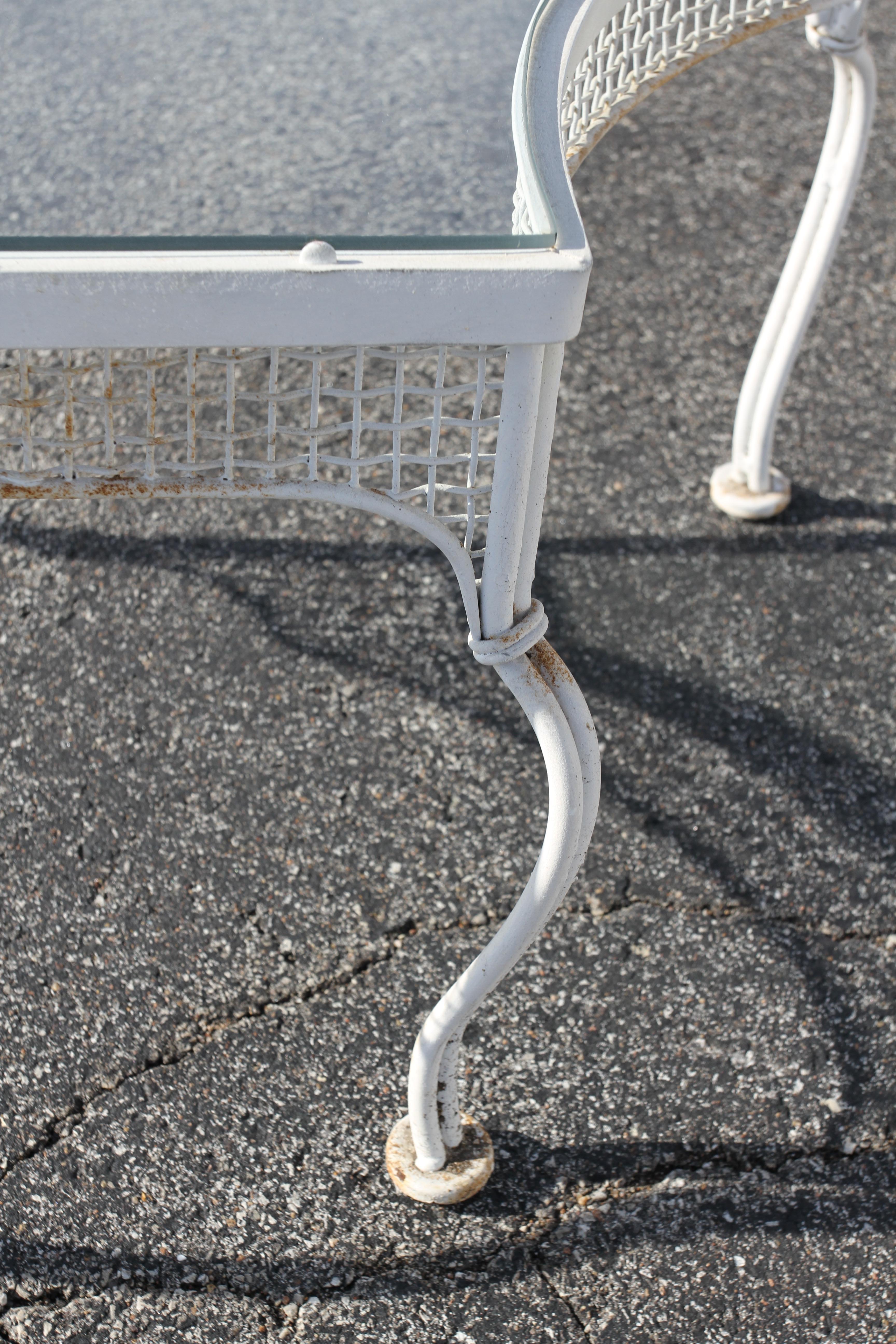 Rare 1950s Woodard Wrought Iron & Mesh Tub Chairs Table, Aluminum Ball Finials 2