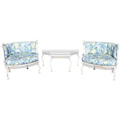 Rare 1950s Woodard Wrought Iron & Mesh Tub Chairs Table, Aluminum Ball Finials