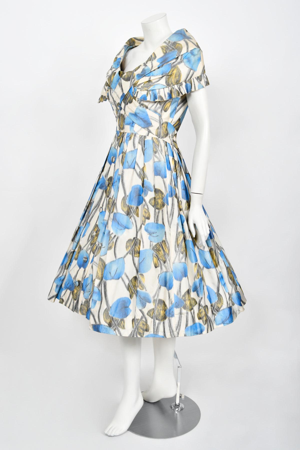Rare 1956 Christian Dior Couture Blue Floral Silk Portrait Collar New Look Dress For Sale 4
