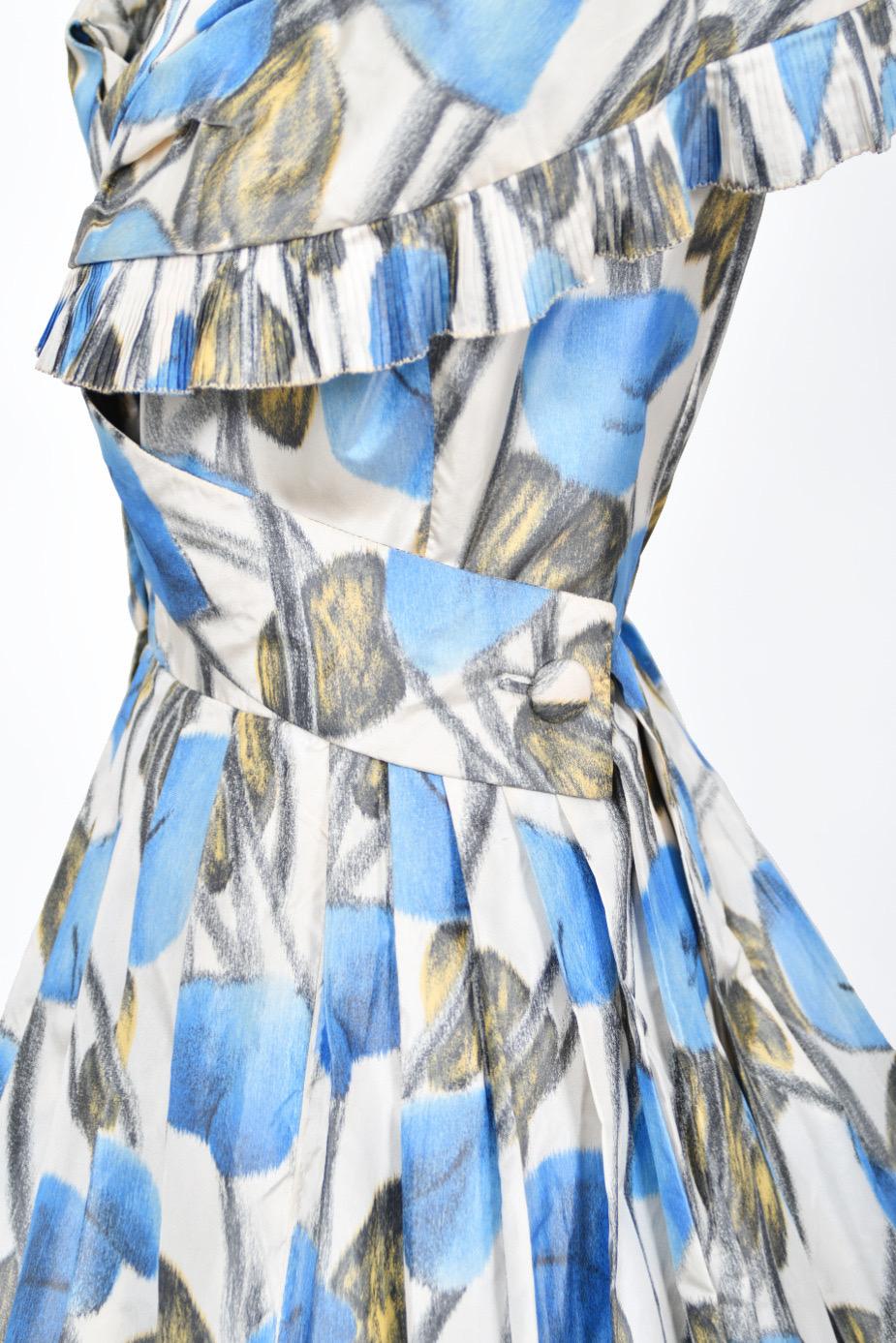 Rare 1956 Christian Dior Couture Blue Floral Silk Portrait Collar New Look Dress For Sale 6