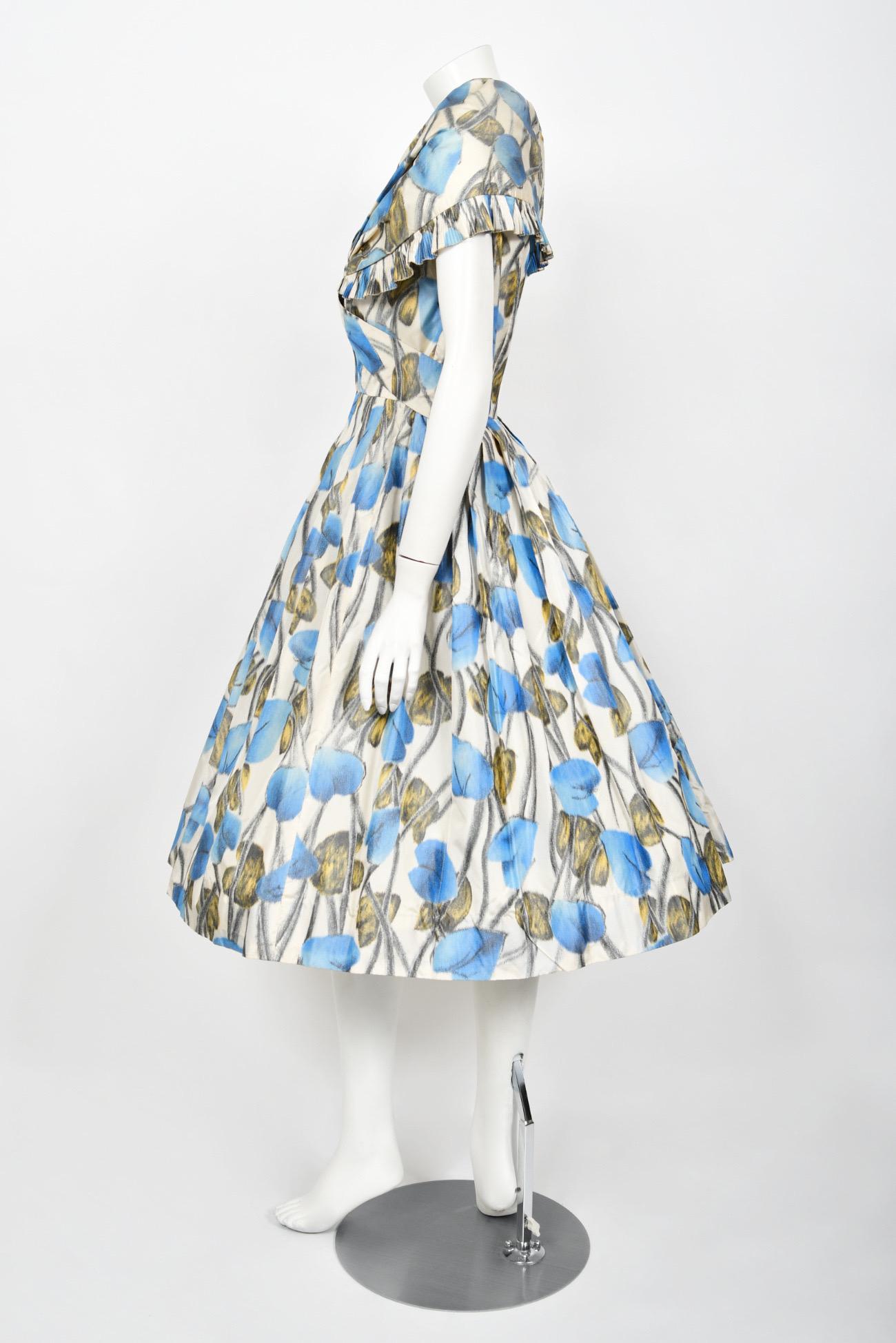 Rare 1956 Christian Dior Couture Blue Floral Silk Portrait Collar New Look Dress For Sale 8