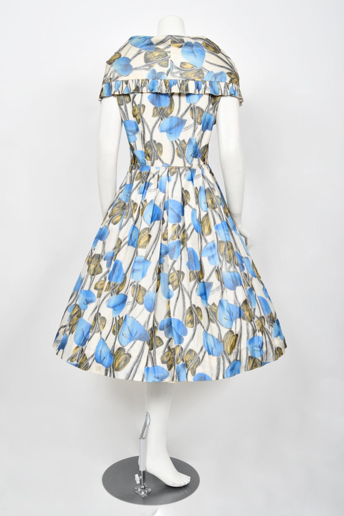 Rare 1956 Christian Dior Couture Blue Floral Silk Portrait Collar New Look Dress For Sale 9