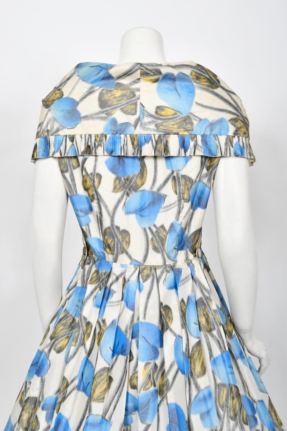 Rare 1956 Christian Dior Couture Blue Floral Silk Portrait Collar New Look Dress For Sale 10