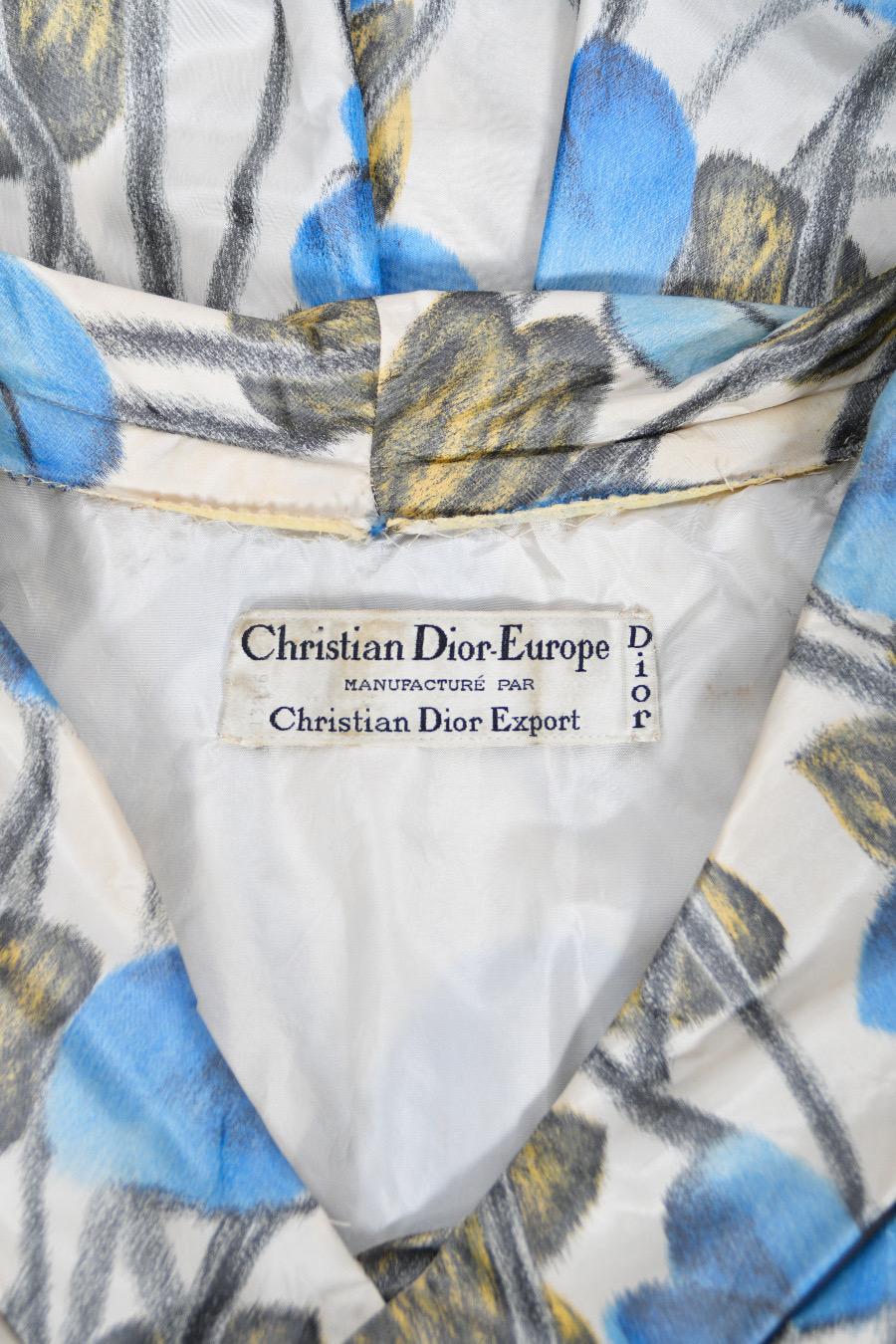 Rare 1956 Christian Dior Couture Blue Floral Silk Portrait Collar New Look Dress For Sale 12